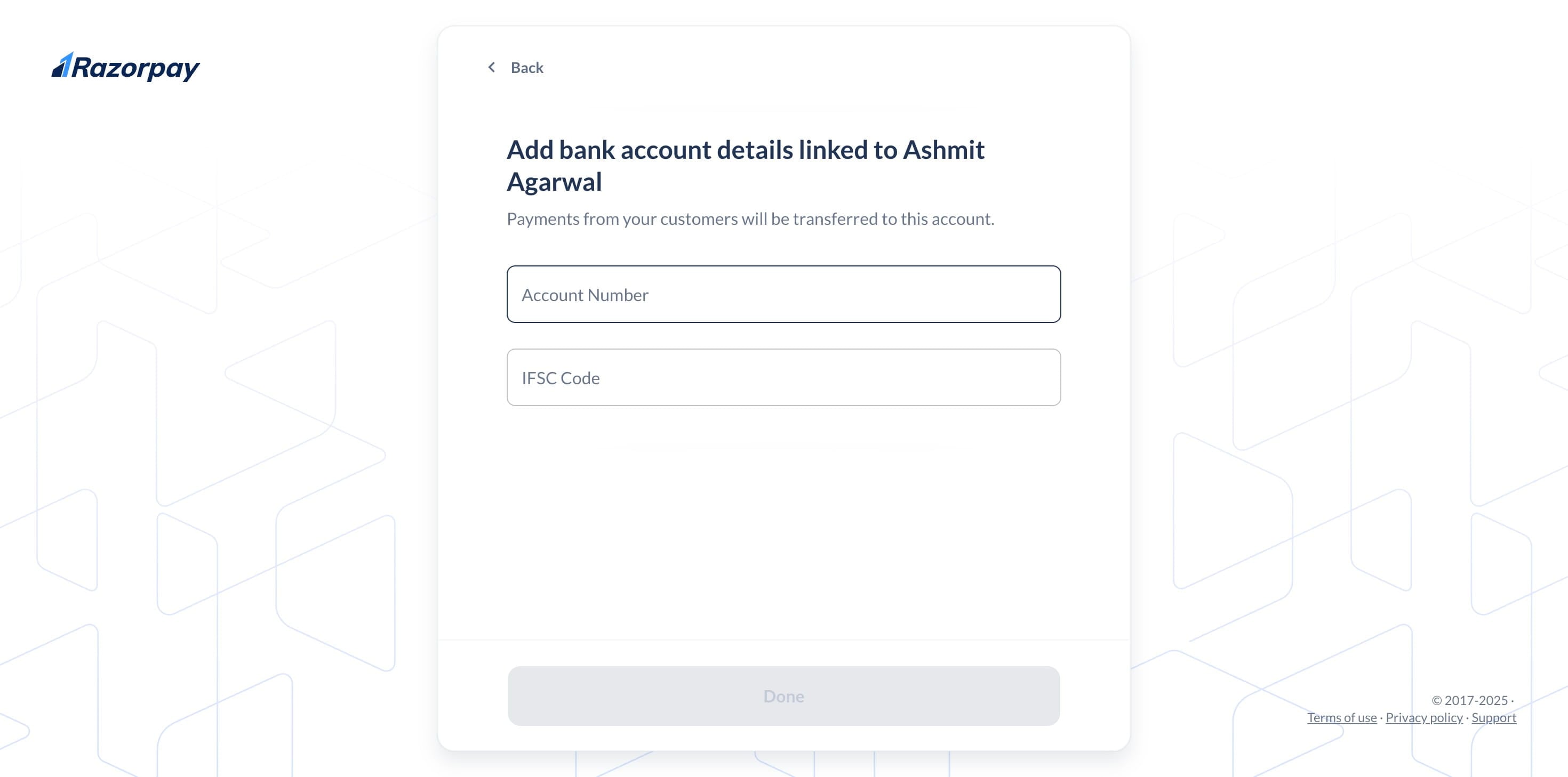 Enter your account details, including the** account number** and **IFSC code.**