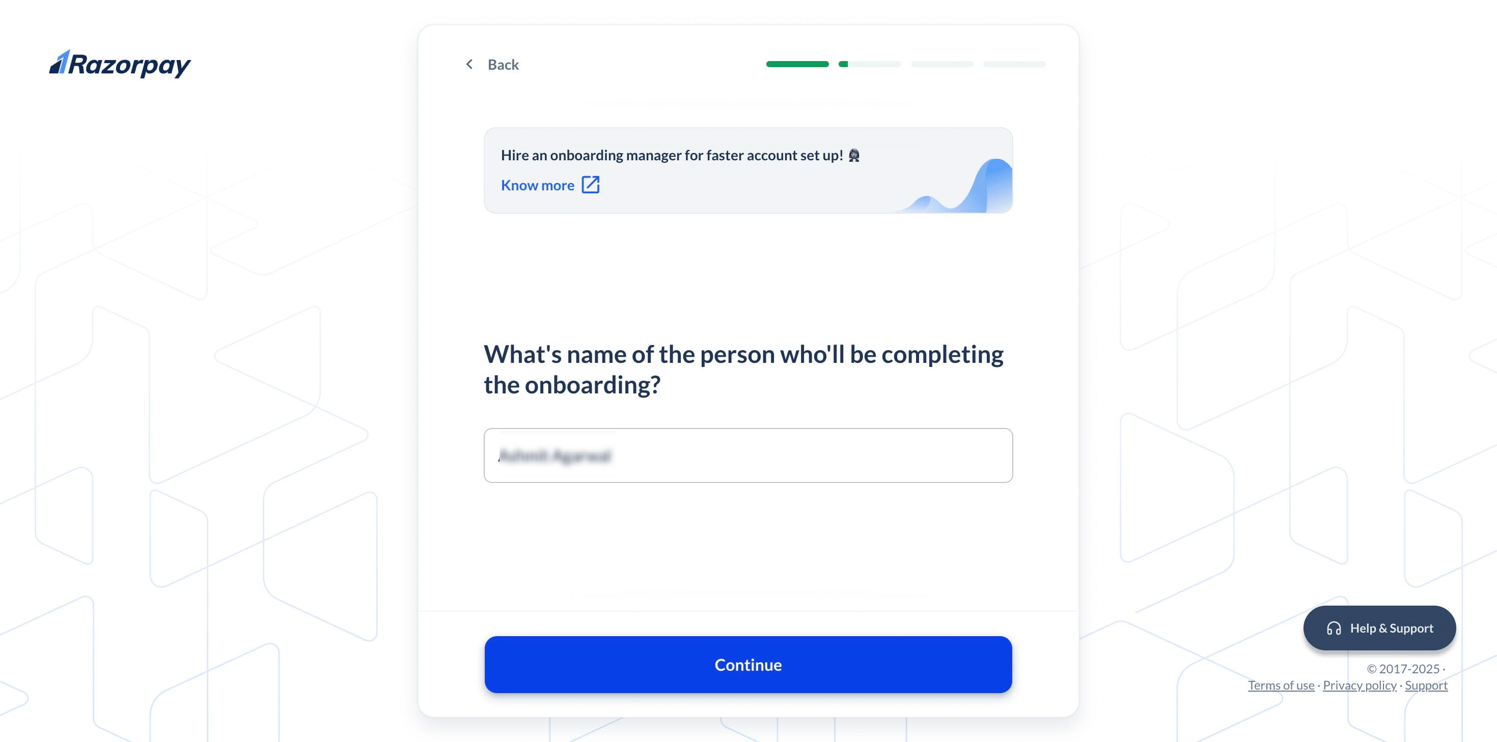 Enter your **name** and click 'Continue'.