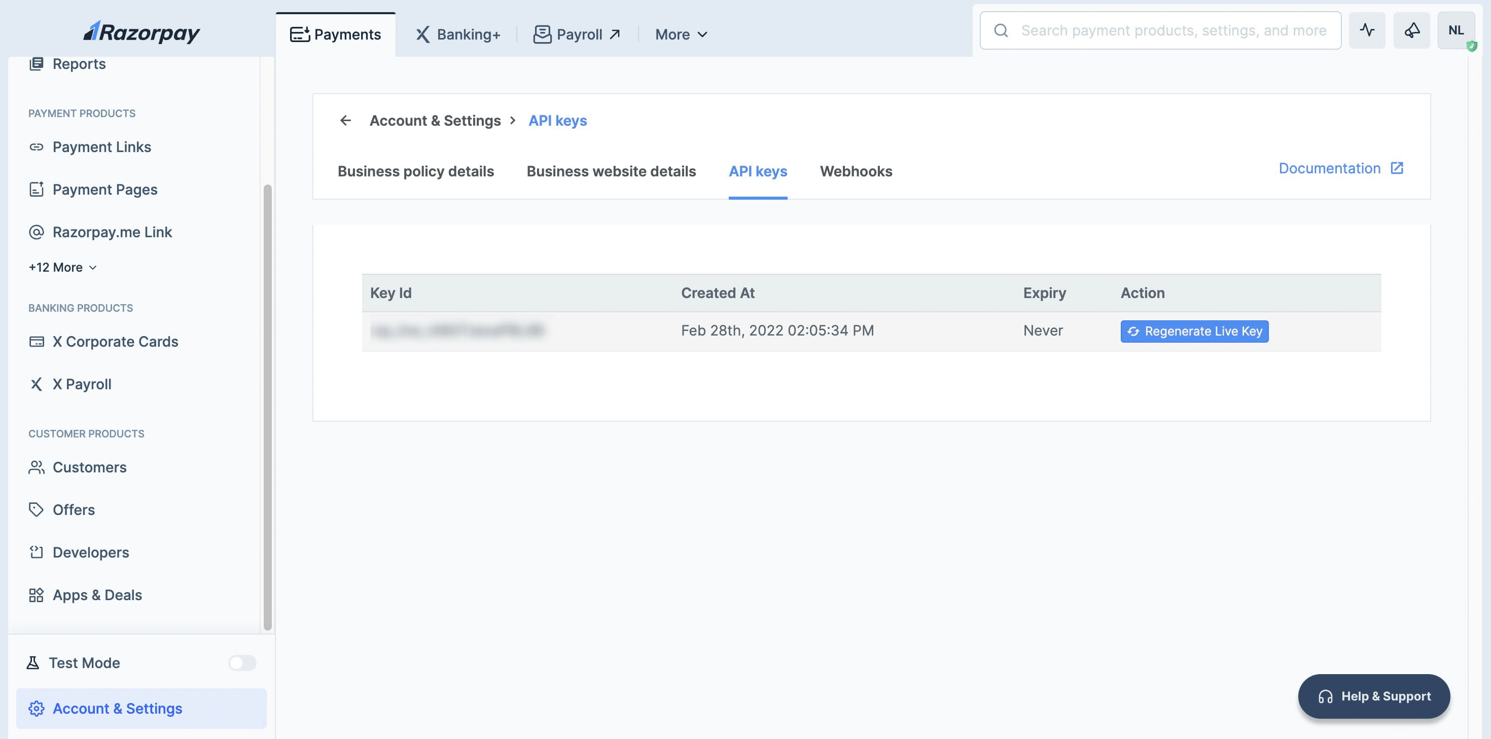 Click on "Regenerate Live Keys". A pop-up window will then appear, displaying your **Key ID** & **Key Secret **