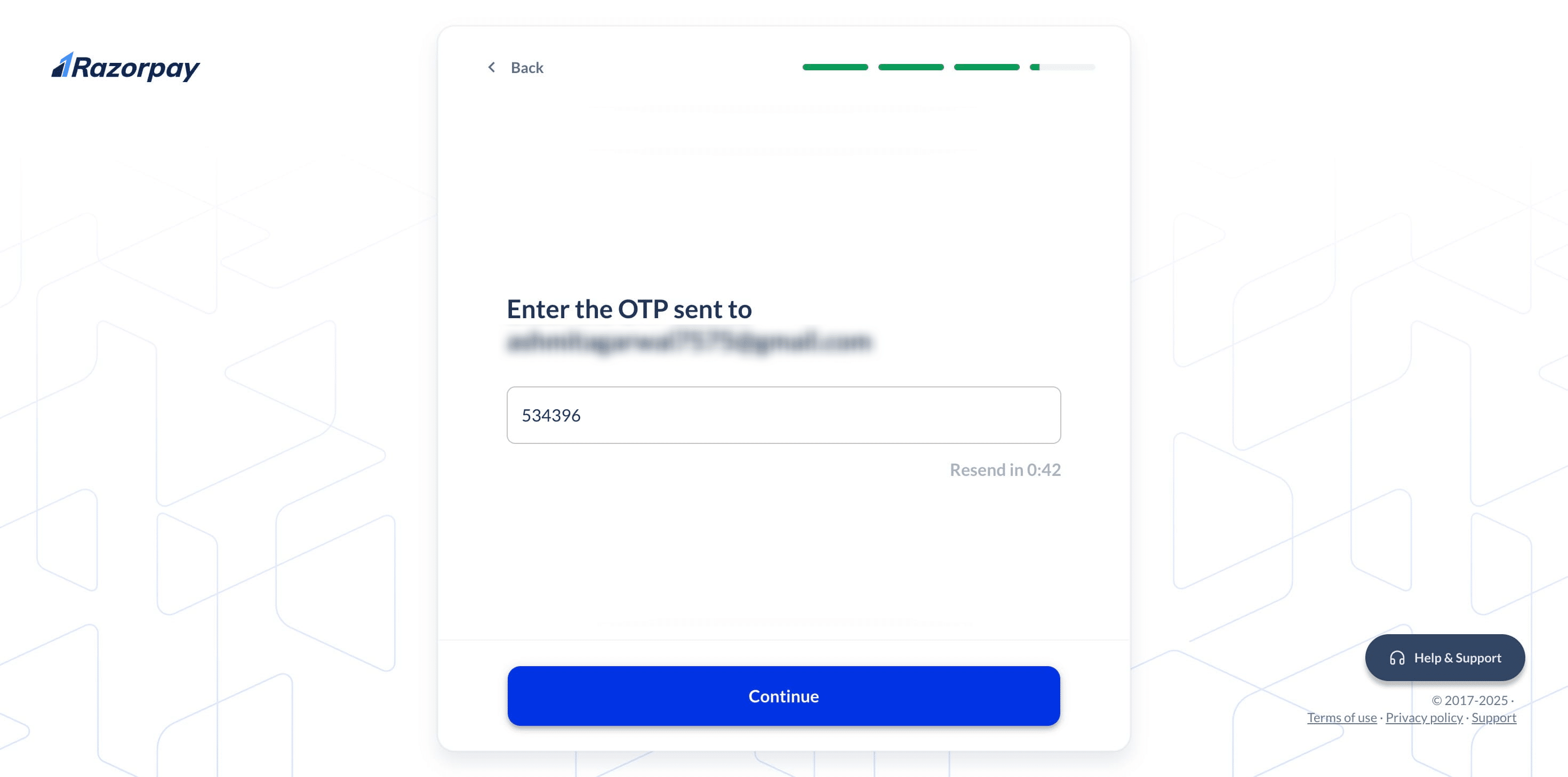 Click "Continue" after entering your OTP.
