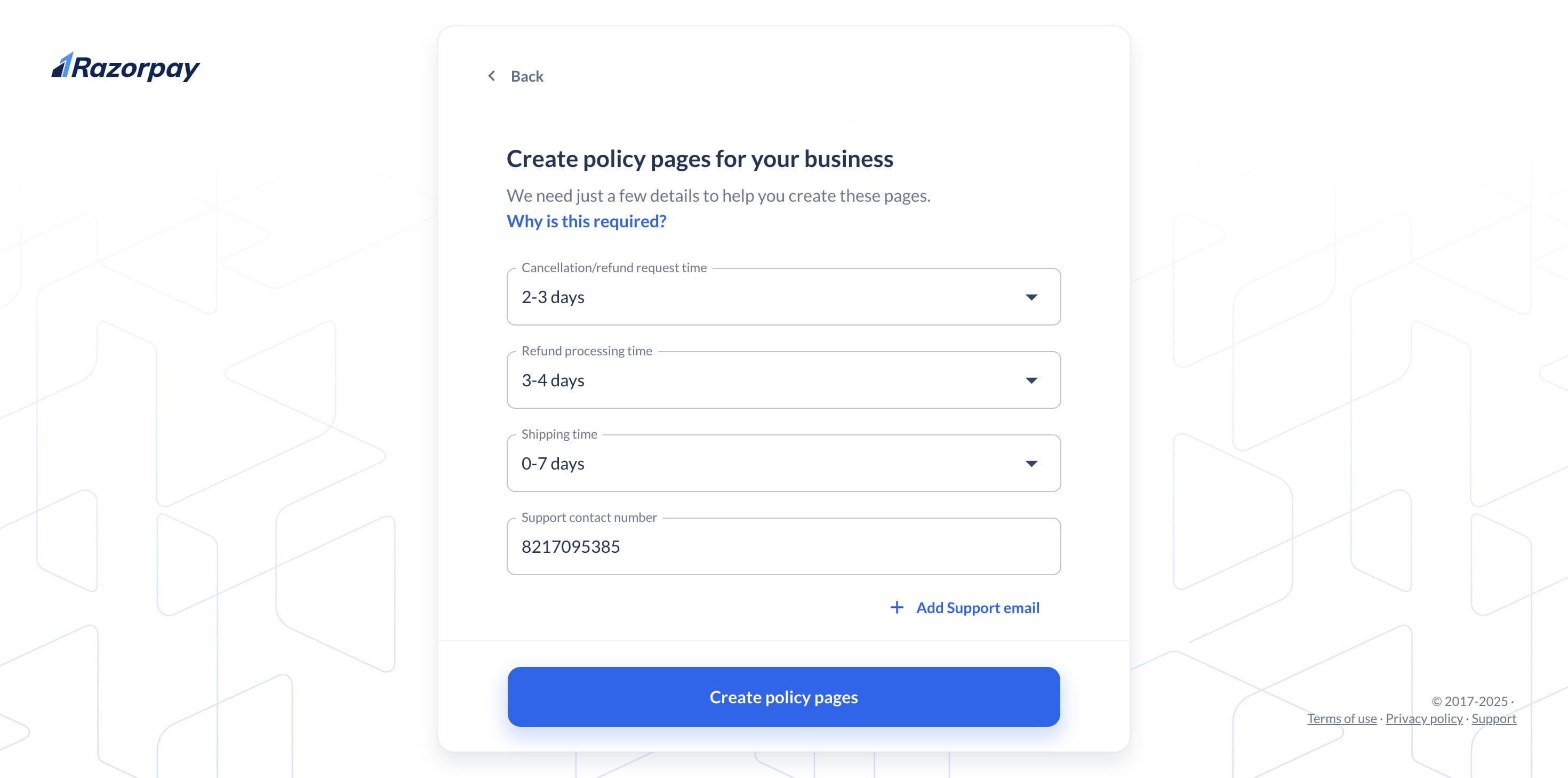 Please enter your information and click "**create policy page**".