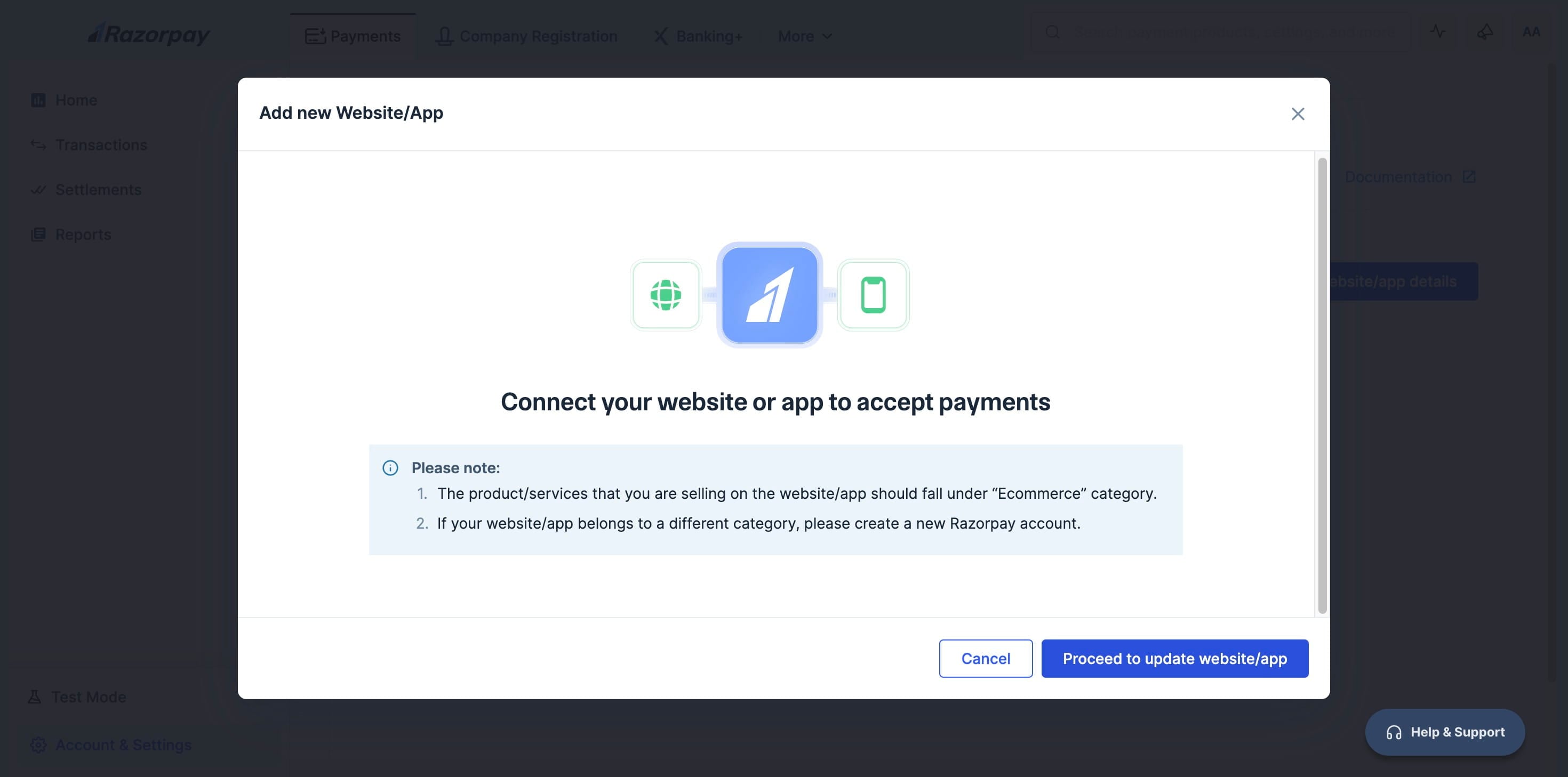Click on "Proceed to update website/app"