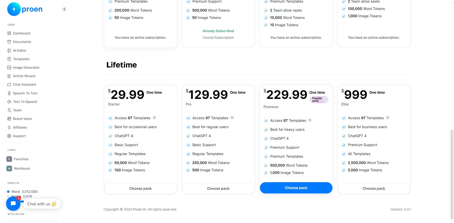 Select a plan and click on "Choose pack" 