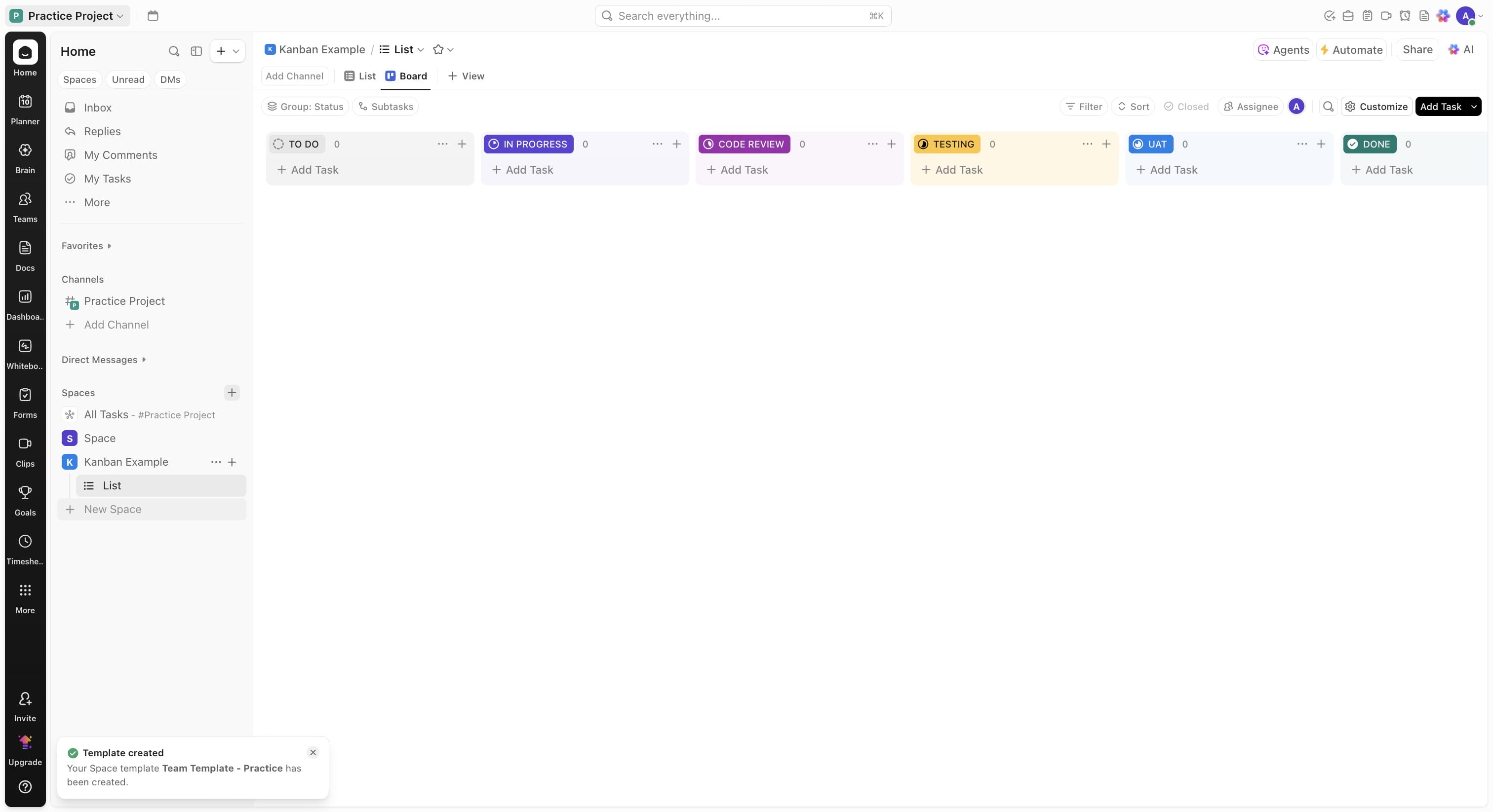 To create a new space using the template, click on "New Space"