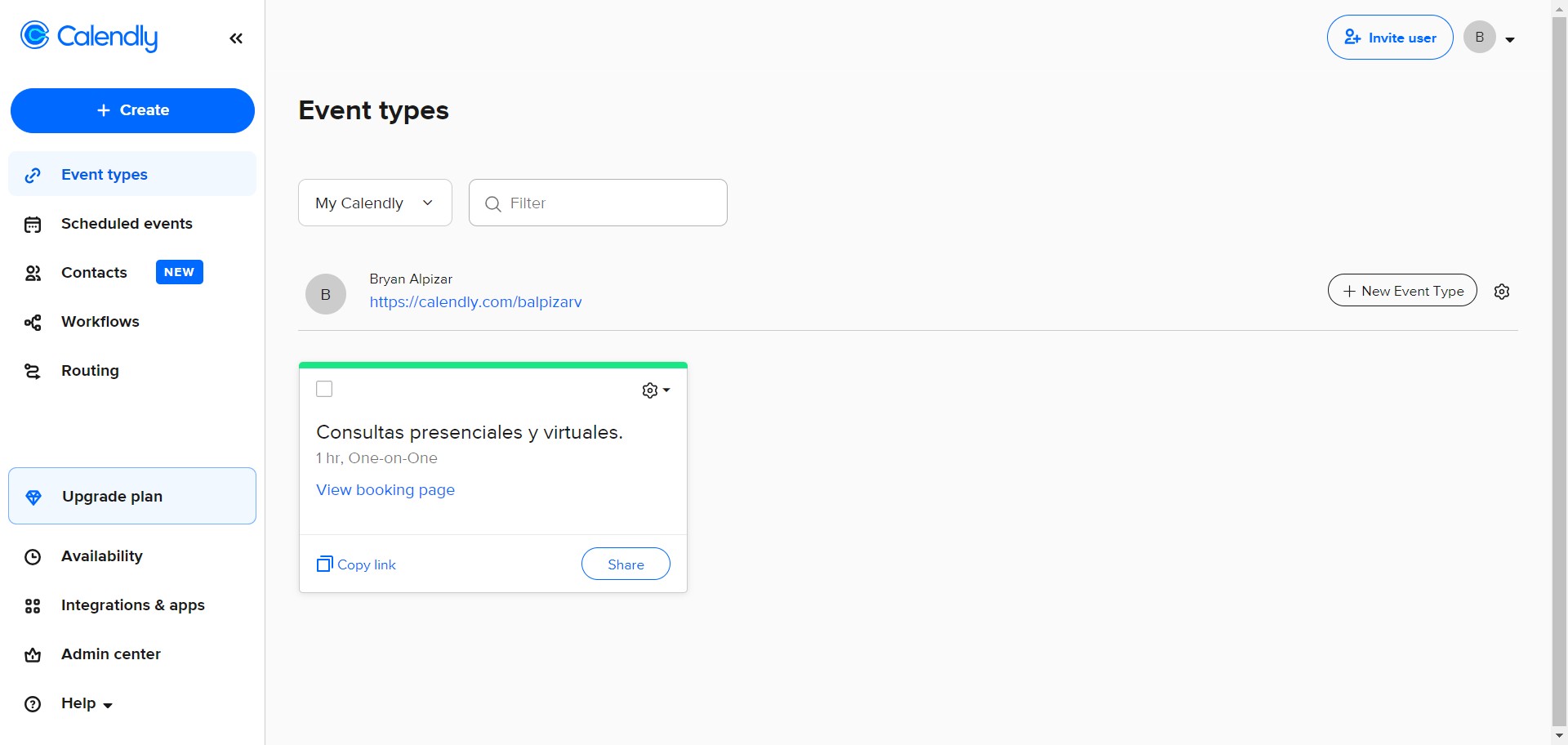Ingrese a su perfil de Calendly, y dar click en "Perfil".