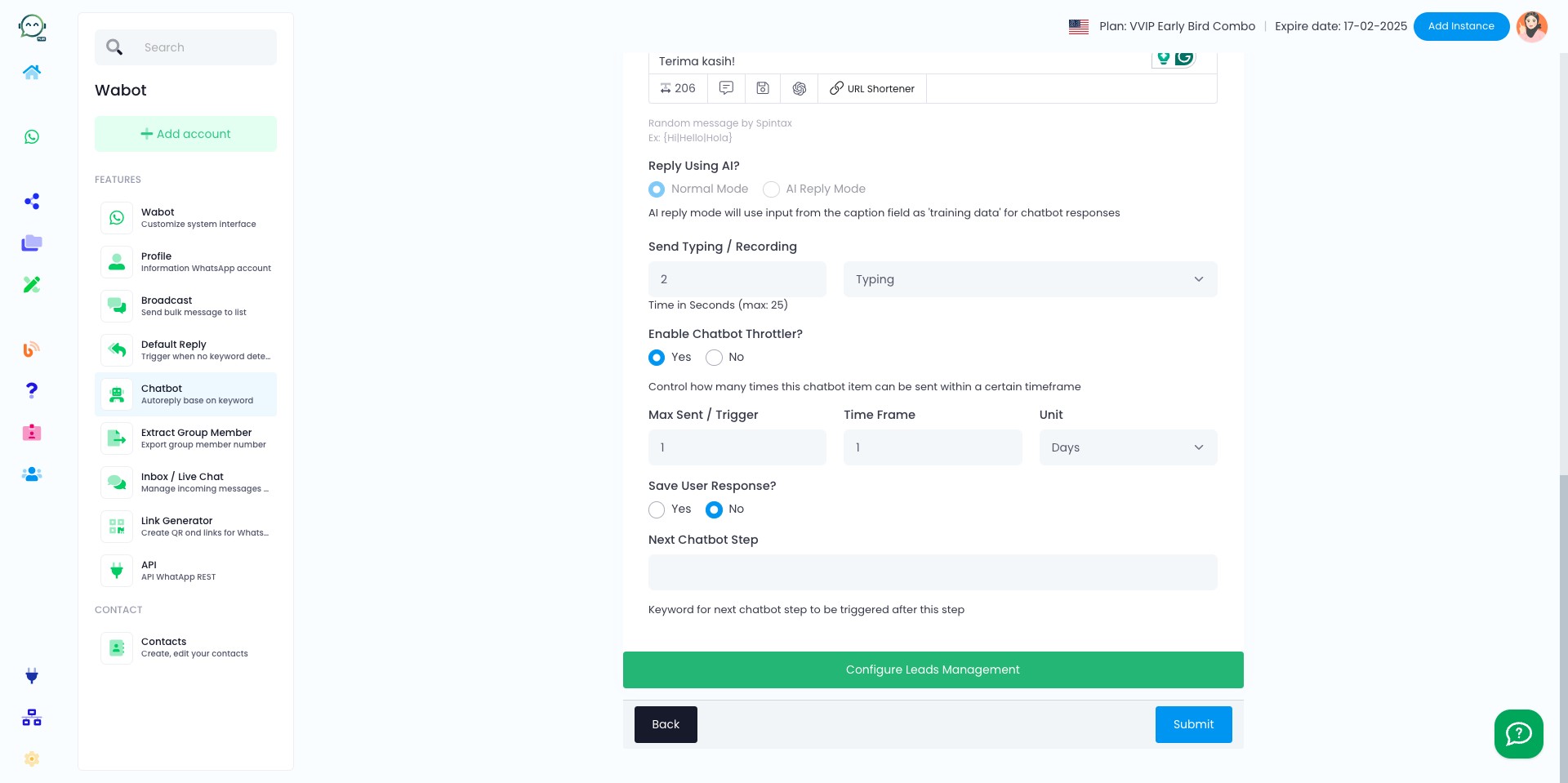 You can enable the "Chatbot Throttler" to prevent the bot from triggering multiple times in a short period