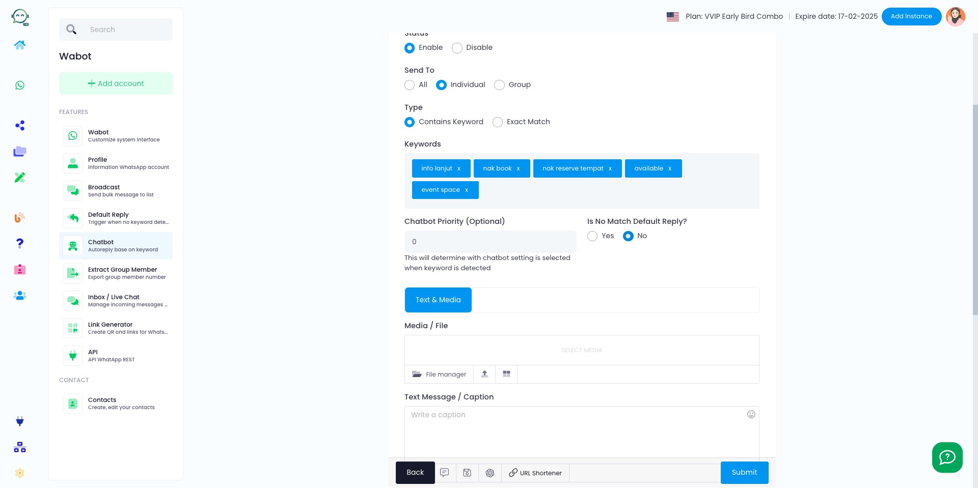 "Chatbot priority" means it is the main chatbot that will be used for customer inquiries. If you have specific chatbots for certain keywords, set this to 0