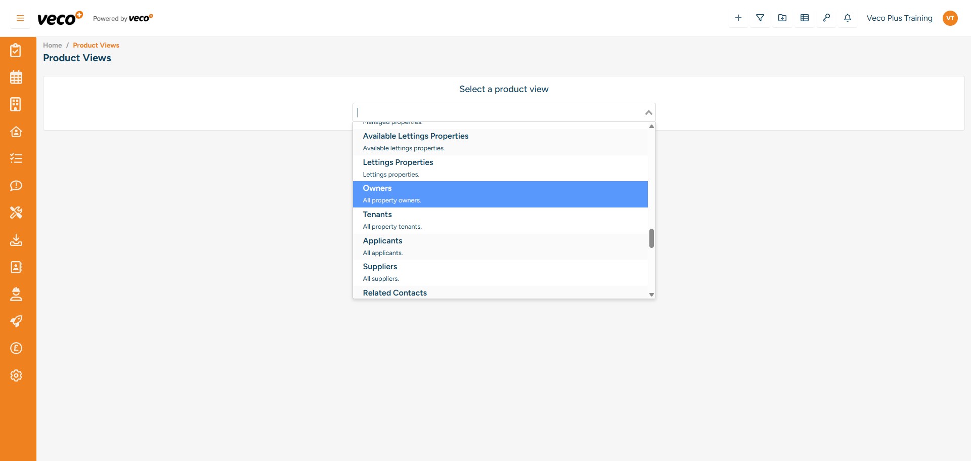 Select a contact view such as 'Owners', 'Applicants' or 'Tenants'