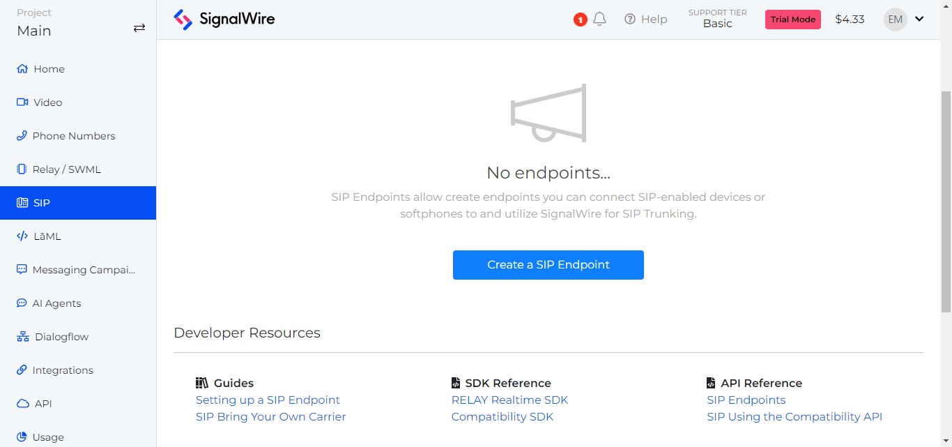 Click on "Create a SIP Endpoint"