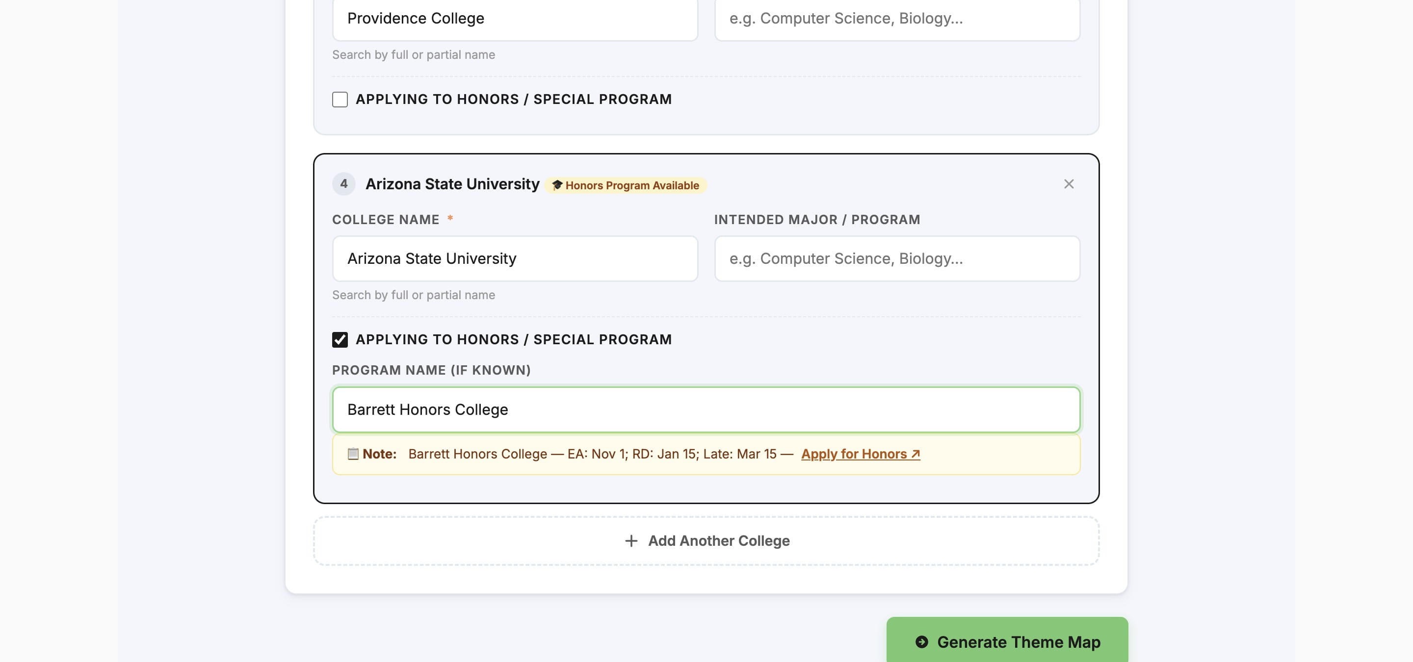 When you've added all the student's colleges & programs, click **Generate Theme Map**