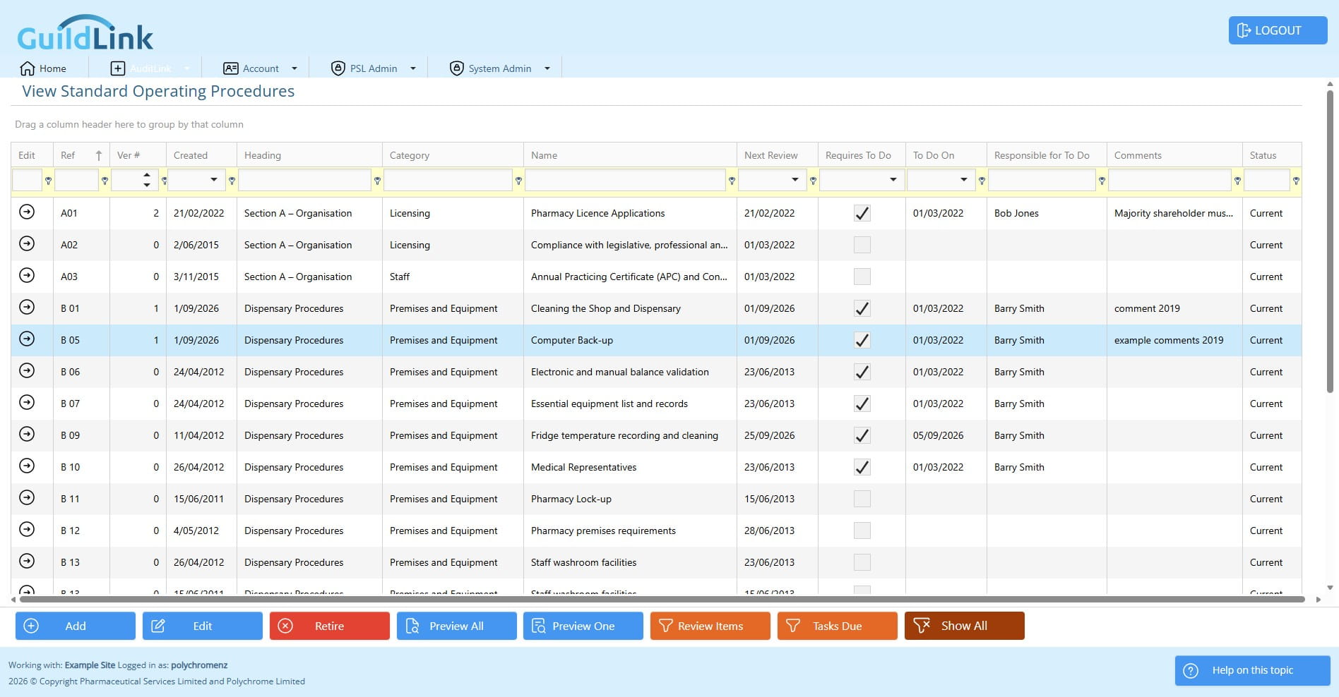 Now we only see version 1 but if we click show all it will include replaced SOPs