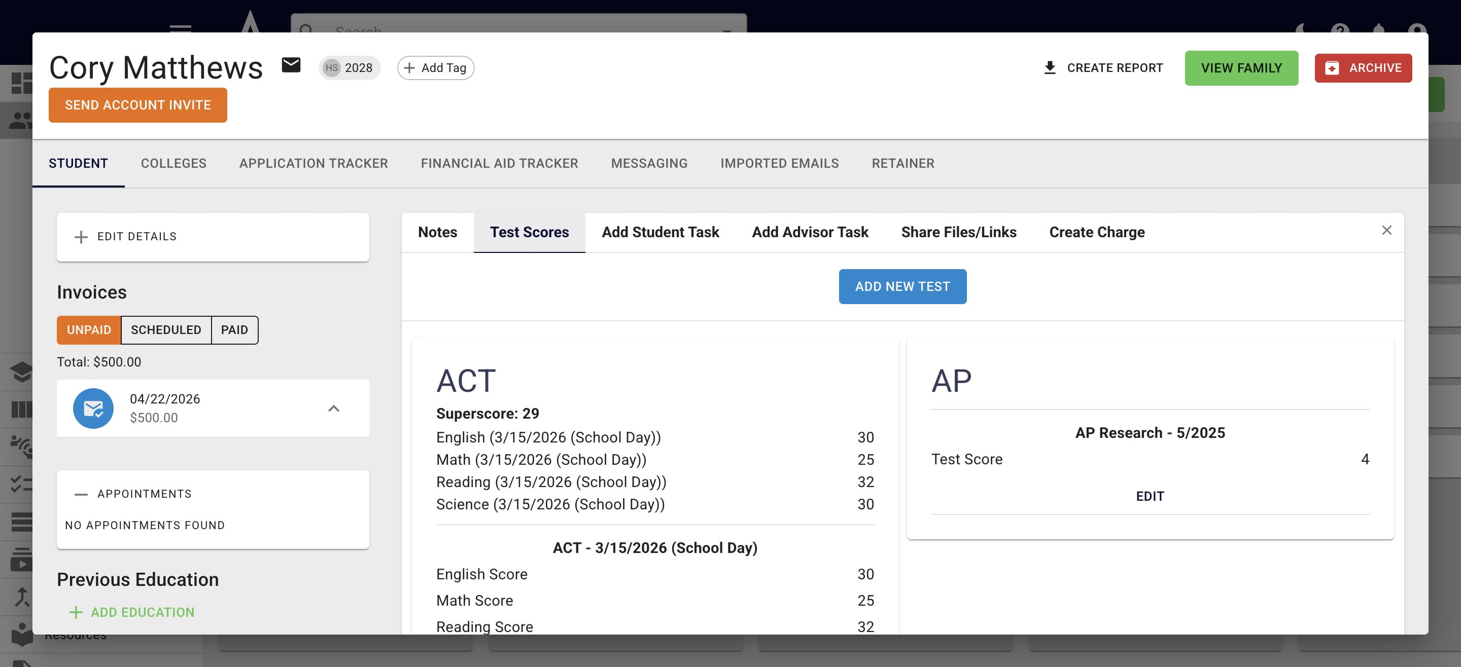 For the SAT & ACT scores, you will also see a **superscore** breakdown. 