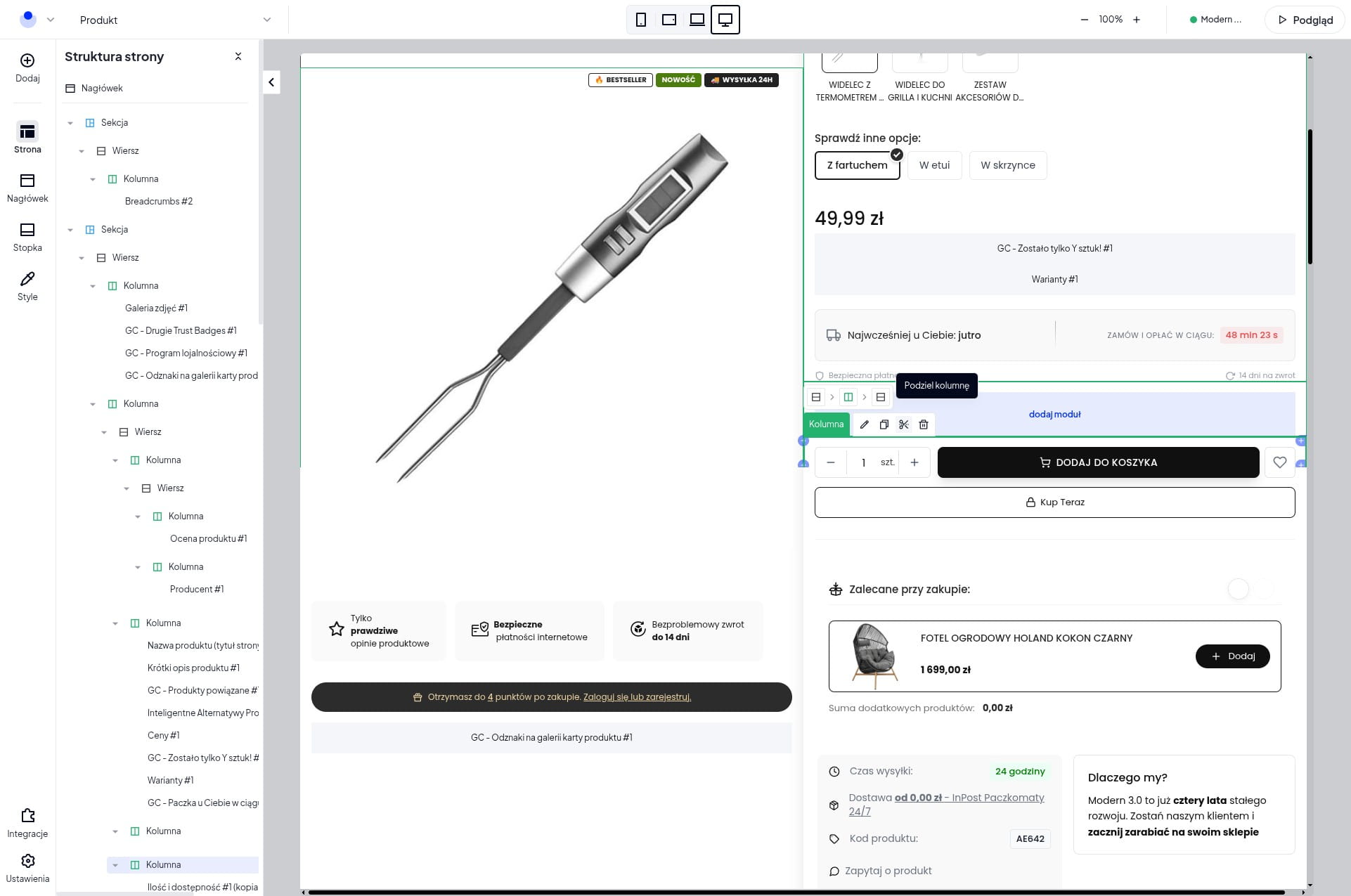 1. Najedź na kolumnę zawierającą przycisk dodaj do koszyka oraz ilość i znajdź opcję oznaczoną jako "Podziel kolumnę" czyli nożyczki. 