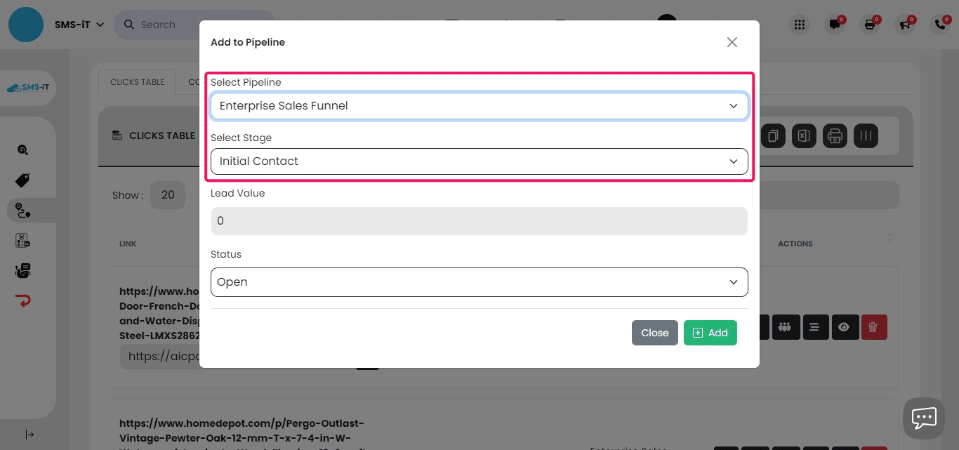 From the dropdown menu, select the pipeline you want the contact to enter and choose the appropriate stage.