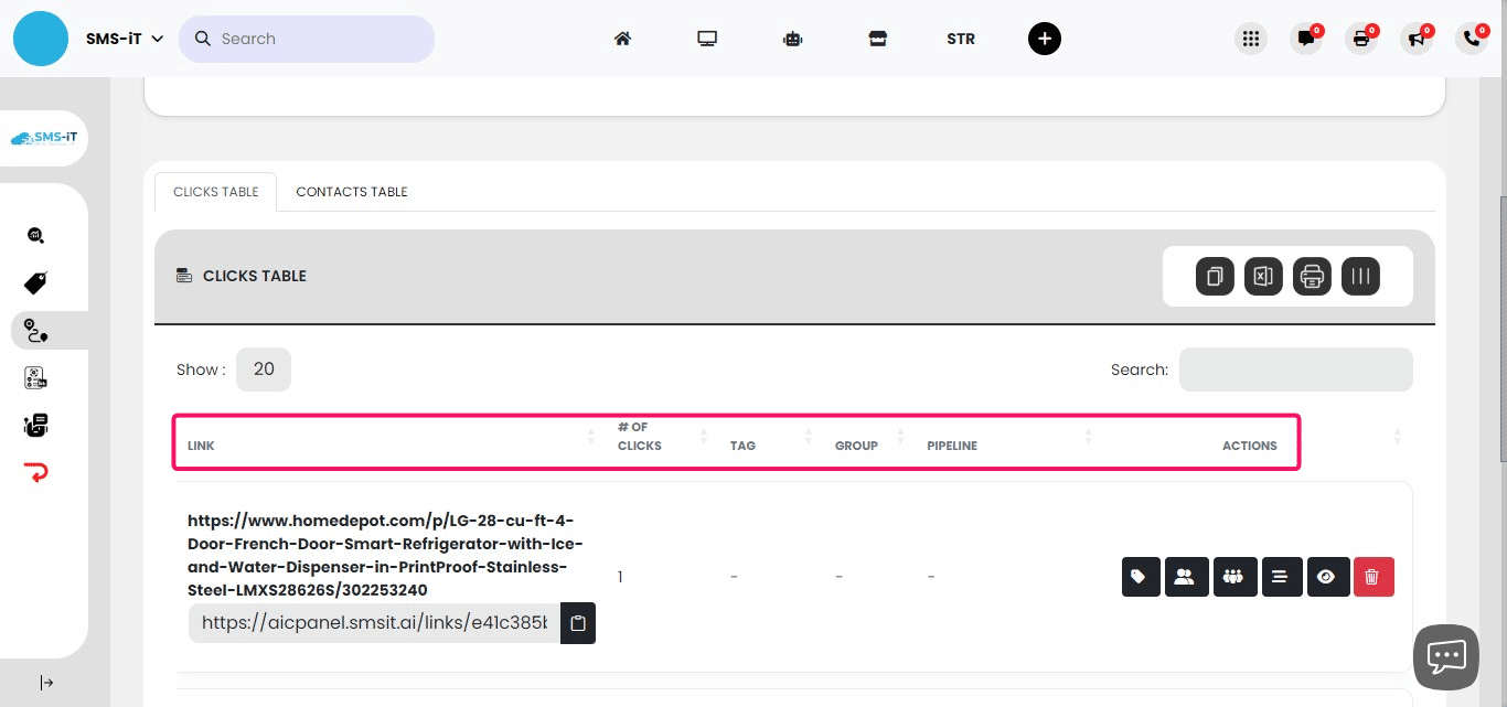 The main components of the SMS-iT interface for link tracking are:

**LINK:** The shortened, trackable URL

**# OF CLICKS:** Number of times the link has been clicked

**TAG:** Categories for organizing and analyzing links
**GROUP:** Associating links with specific contact groups
**PIPELINE:** Connecting links to stages in your sales or marketing funnel

We've covered Link and # of clicks, so let's explore Tag, Group, and Pipeline in more detail.