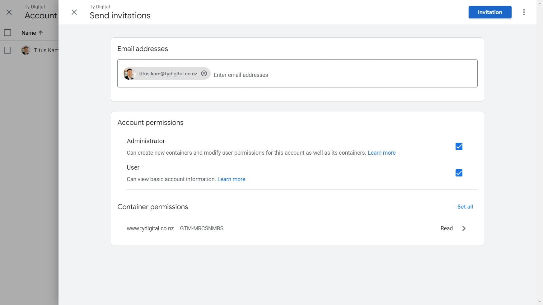 Click "Invitation" to send access to [titus.kam@tydigital.co.nz](url)