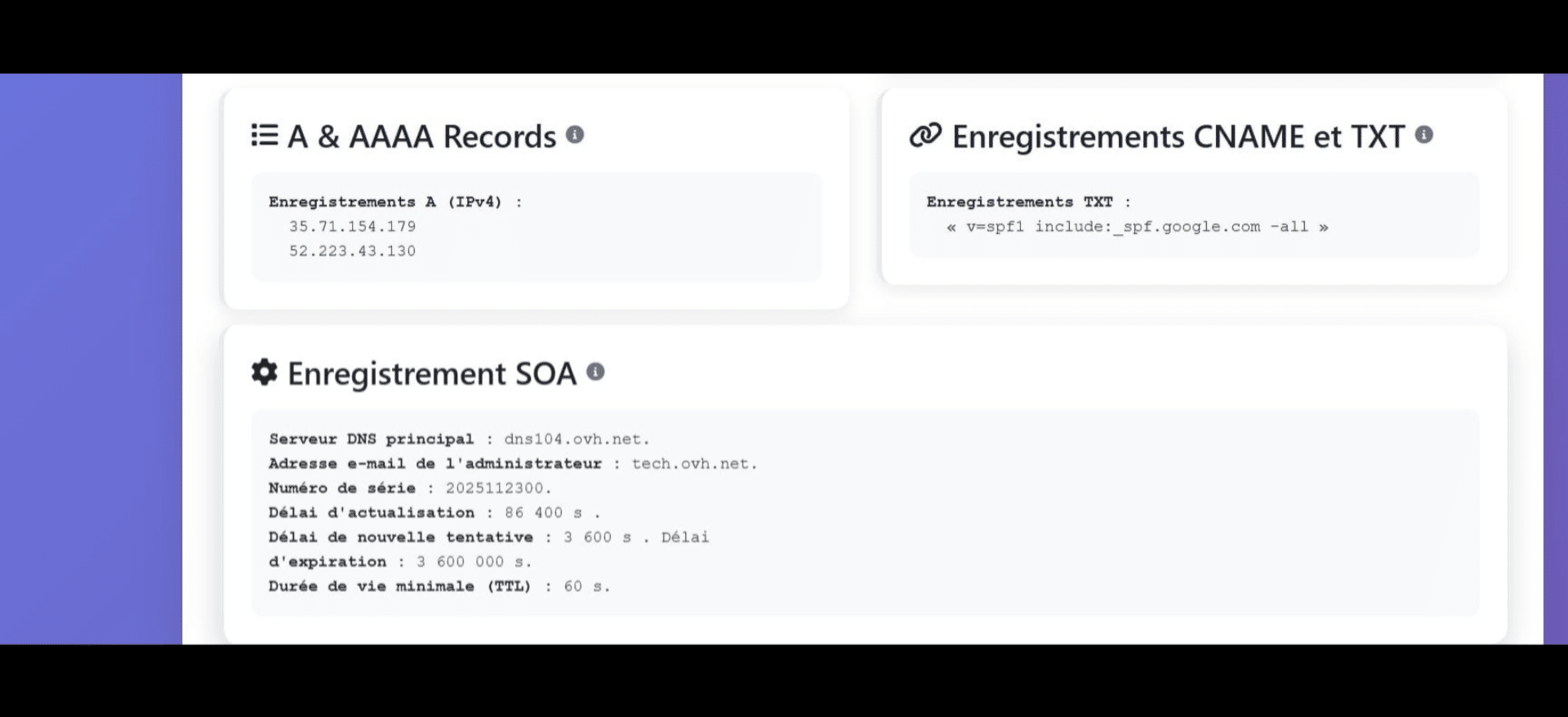 Cette rubrique concerne le SOA ou Start of Authority qui est un enregistrement DNS qui fournit des informations sur le domaine,comme l'adresse du serveur DNS principal, le contact administrateur et des informations techniques.