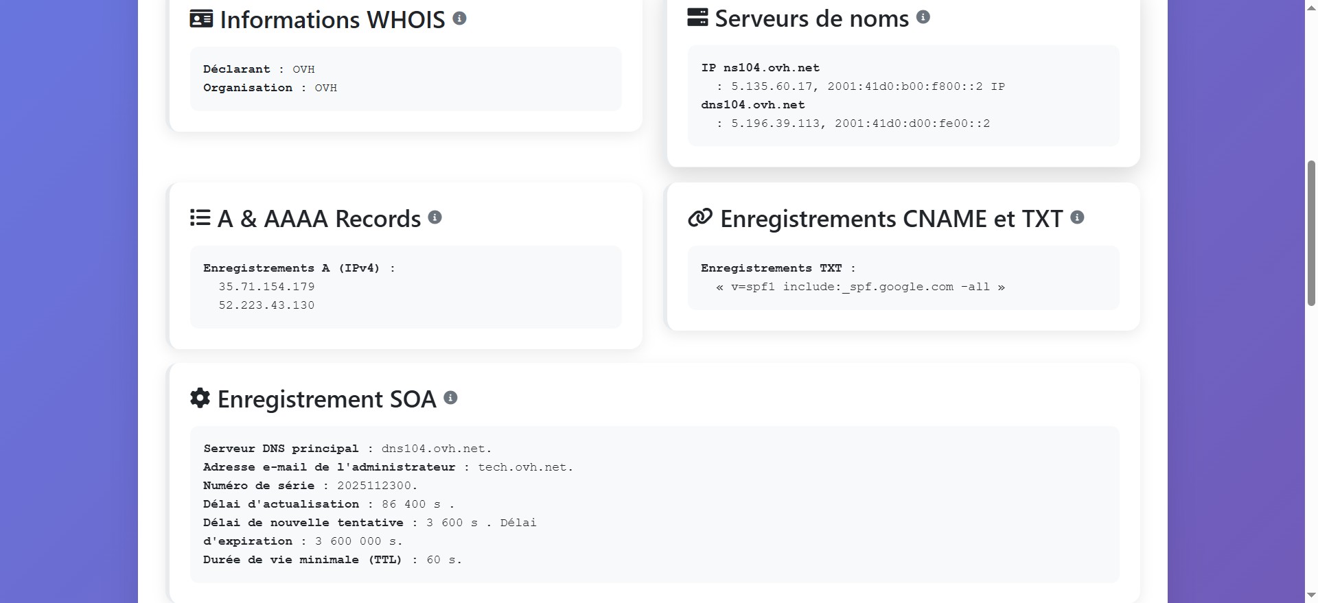 Cette rubrique concerne les serveurs de noms qui sont utilisés pour lier un domaine à une adresse IP (l'adresse physique d'un serveur sur Internet). Ces serveurs traitent les demandes des utilisateurs qui cherchent à accéder au domaine.