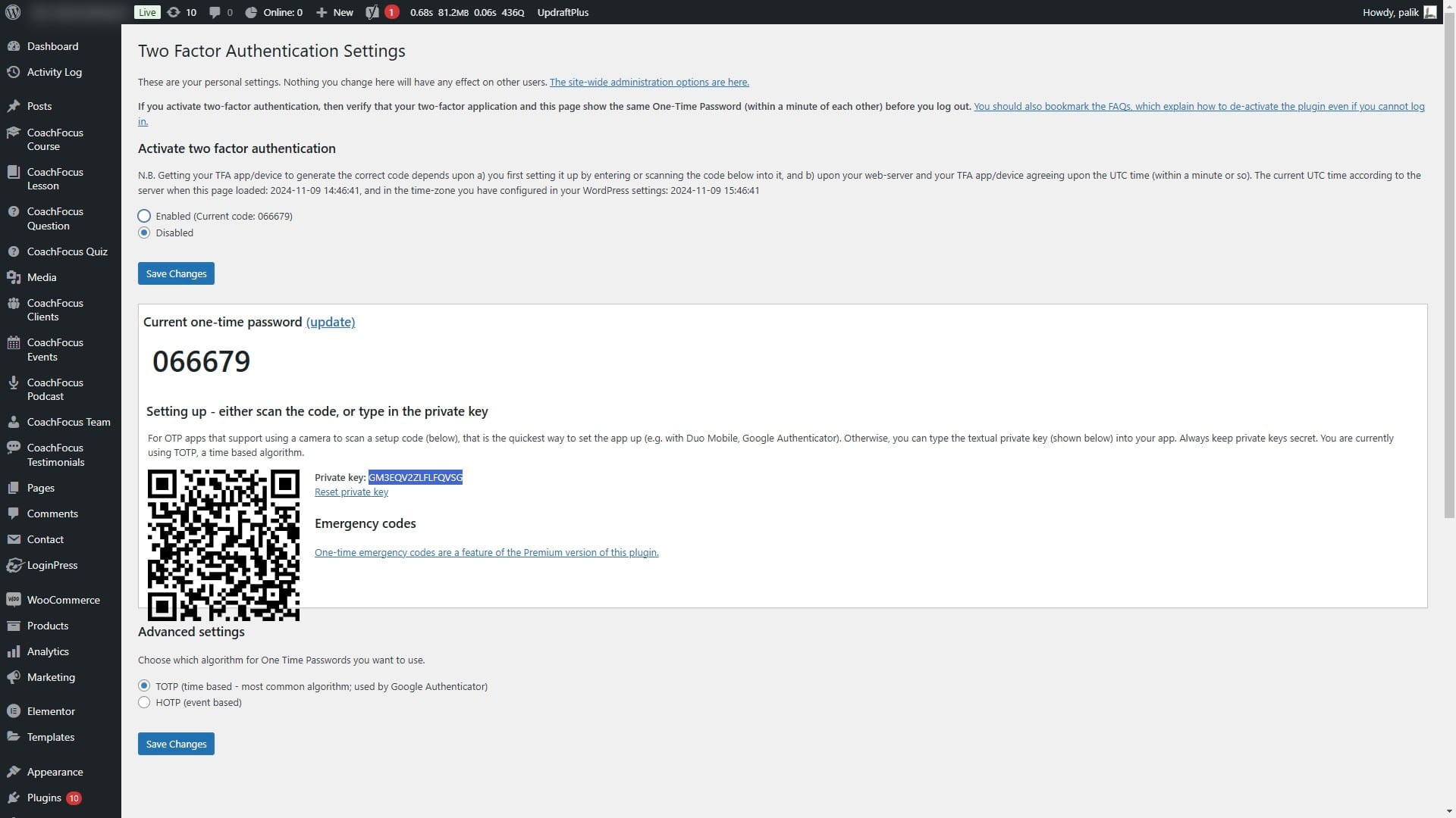 Select "Enabled" under "Activate two factor authentication"