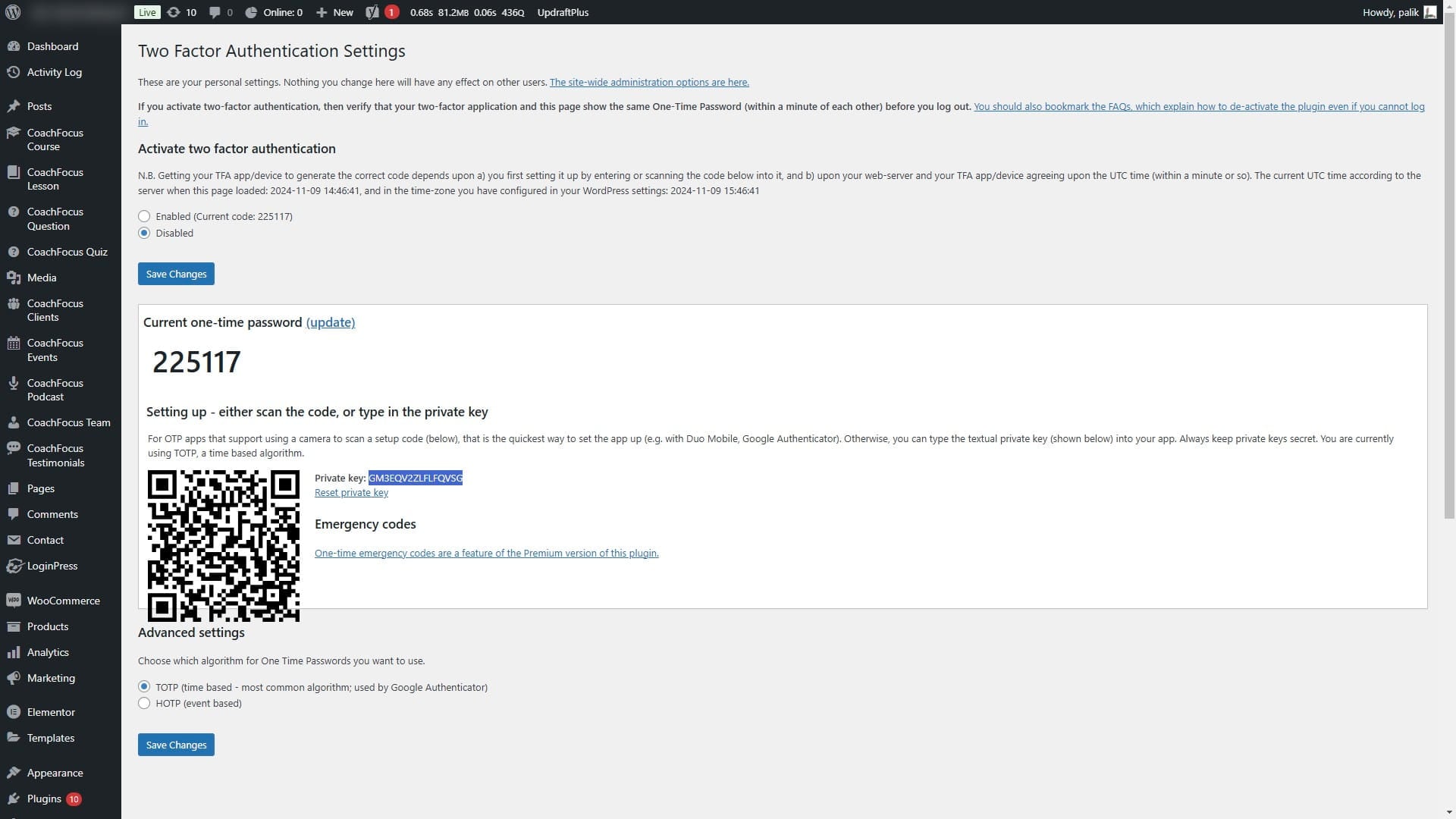 Use your TOTP Authenticator App (e.g. Google Authenticator) to scan the QR code. Alternatively you can copy text after "Private key: " and insert into your App. 
