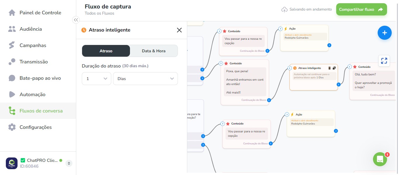 Click on "Automação vai continuar para o próxima bloco após"