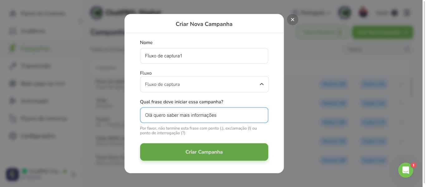 Click on "Criar Campanha"