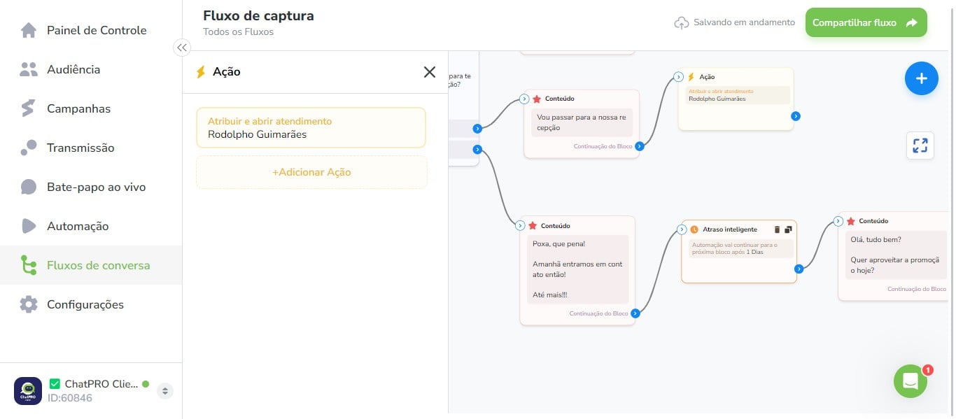 Click on "Automação vai continuar para o próxima bloco após"