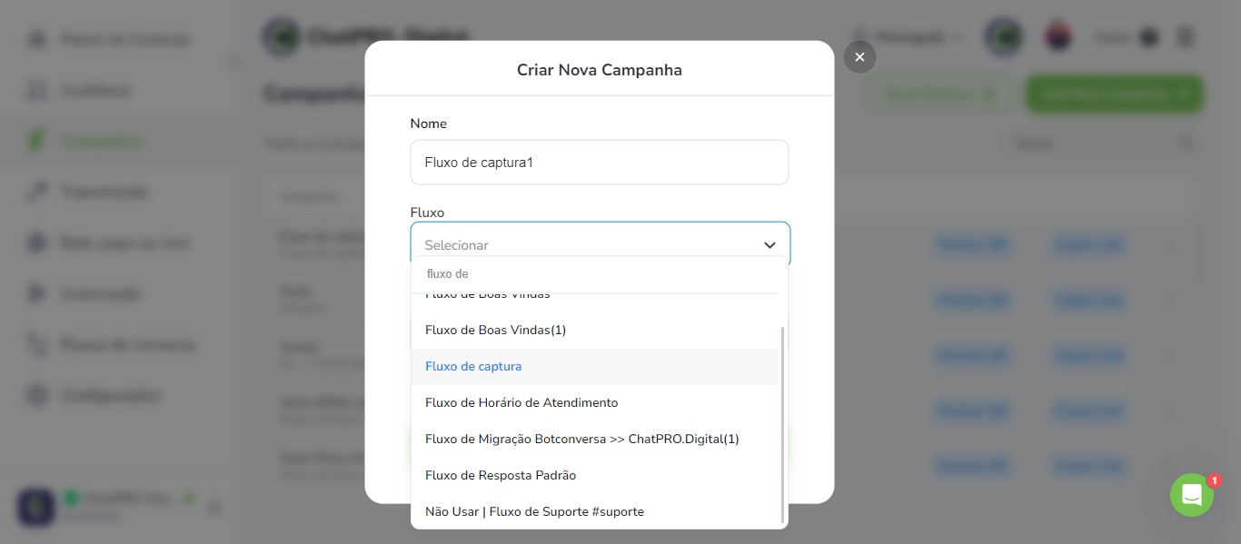 Click on "Fluxo de captura"