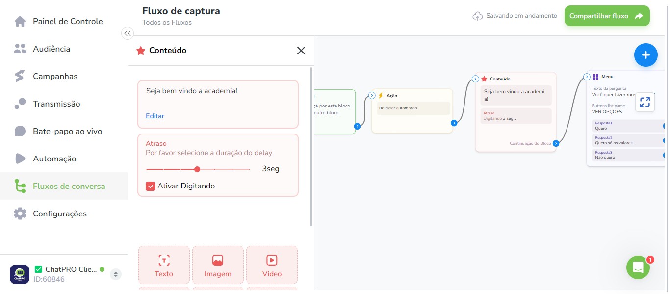 Click on "Seu fluxo começa por este bloco."