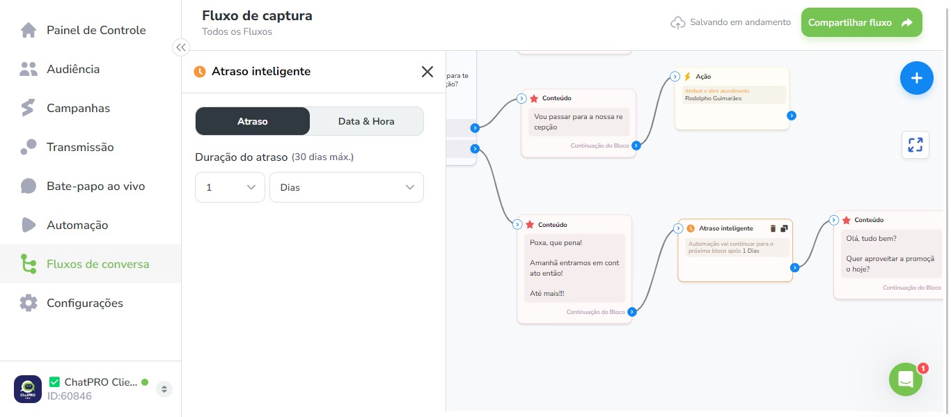 Click on "Automação vai continuar para o próxima bloco após"