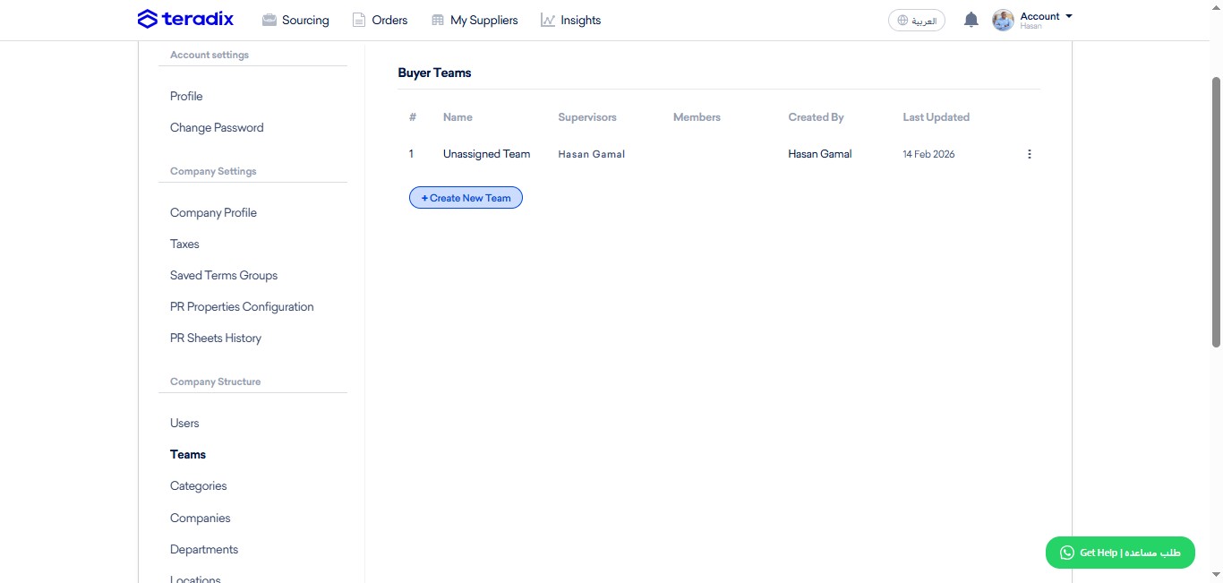 Click on "Teams"; in order to break down procurement team into multiple specialized teams.