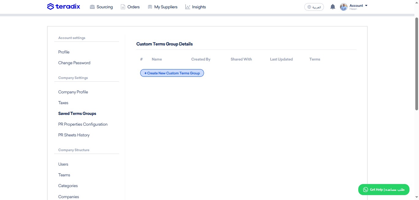 Click on "Create New Custom Terms Group".
You can template a frequently used list of terms or conditions to add, with a click, to your RFx, instead of copy-pasting.