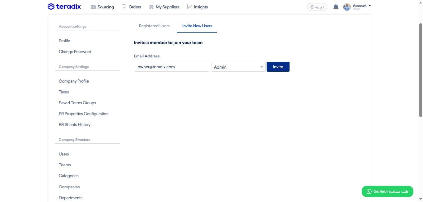 Click on "Invite", after which an email notification will be sent to email address to join in company.