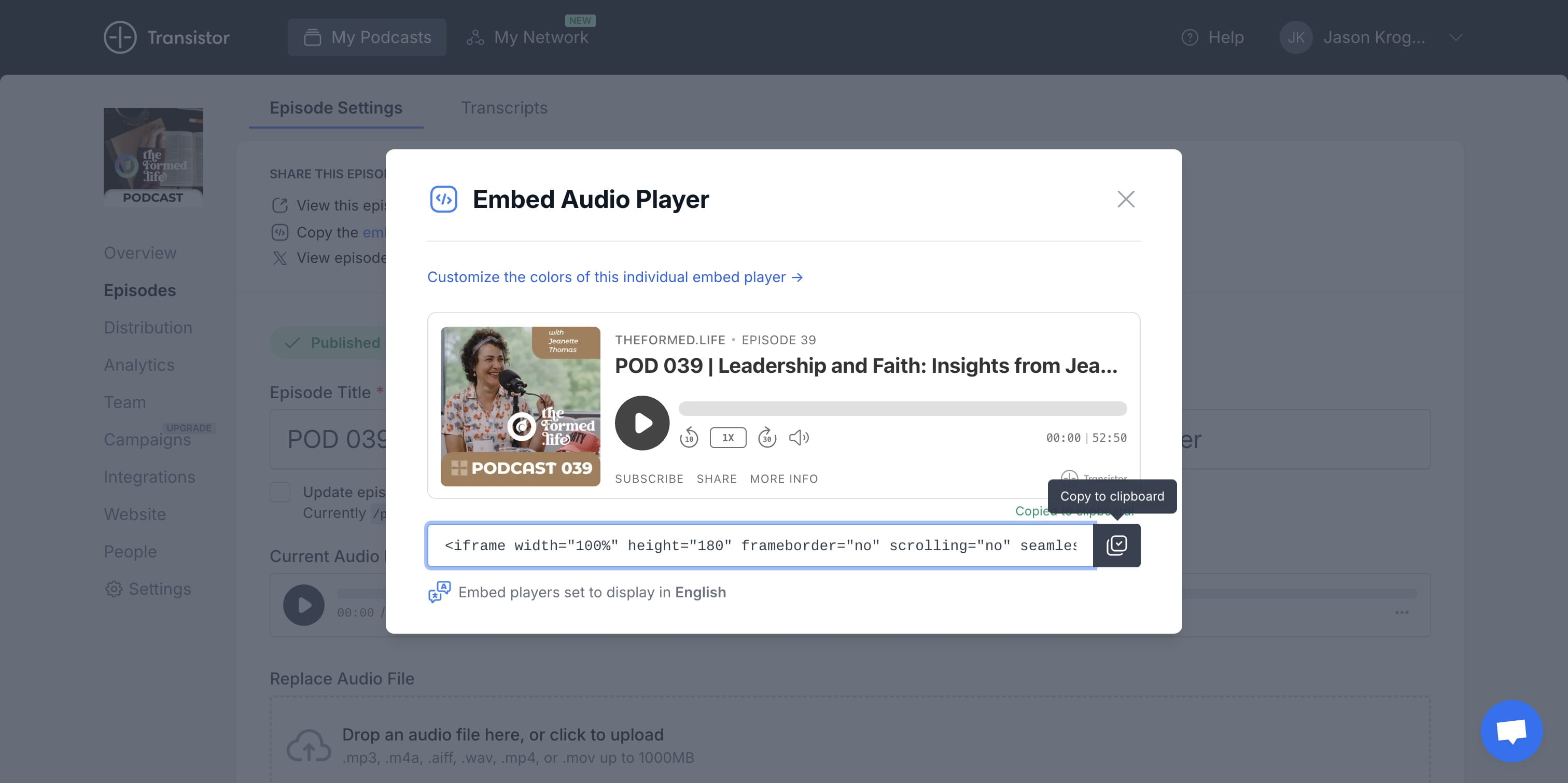 NAVIGATE to the Episode in TRANSISTOR.fm and copy the EMBED AUDIO PLAYER code.