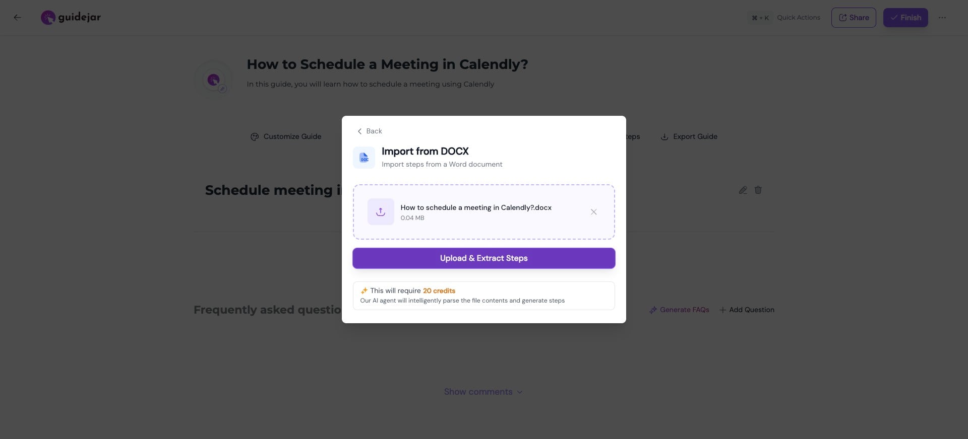 Alternatively, you can import from **DOCX**—select your file and click **“Upload & Extract Steps”** *(AI credits are required to parse the file and generate steps).*