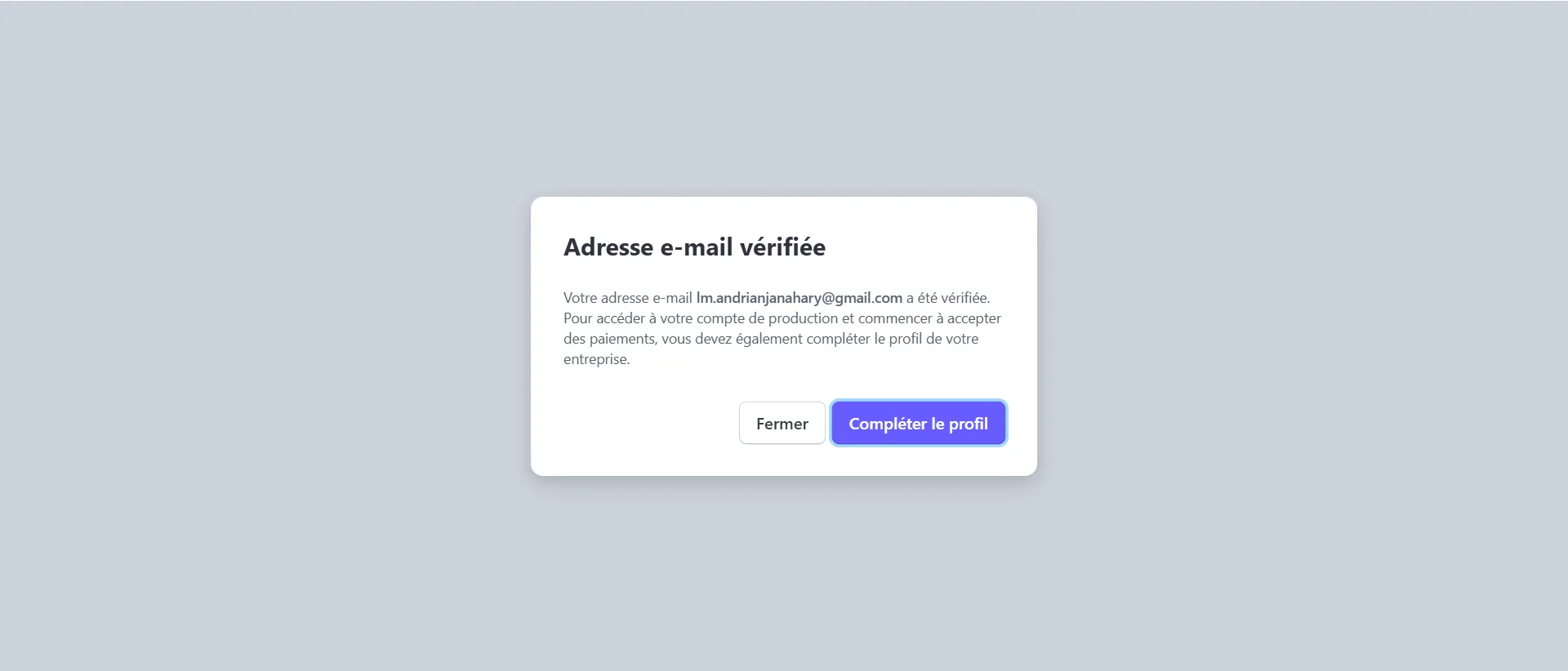 Après validation, vous pouvez maintenant accéder à votre tableau de bord Stripe pour compléter votre profil selon vos besoins.