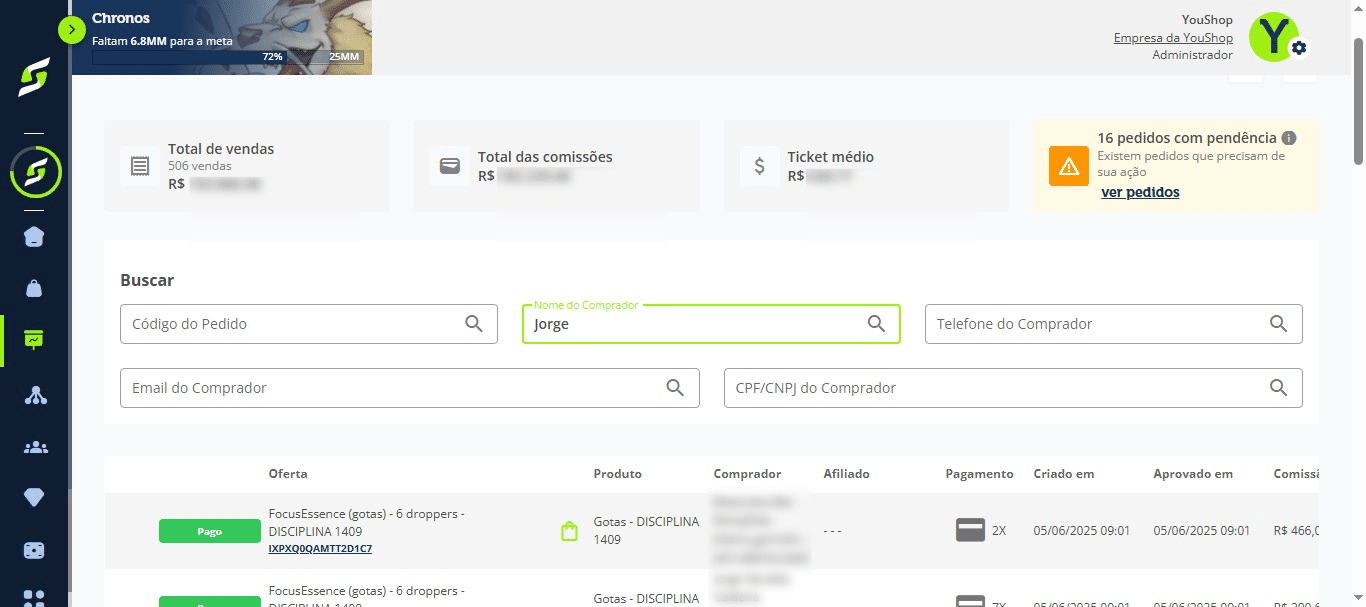 Você pode buscar um pedido pela lupa, utilizando:
&nbsp;
- Código do pedido
- Nome do comprador
- Telefone
- E-mail
- CPF/CNPJ
 
&nbsp;

Após encontrar, clique no número do pedido.