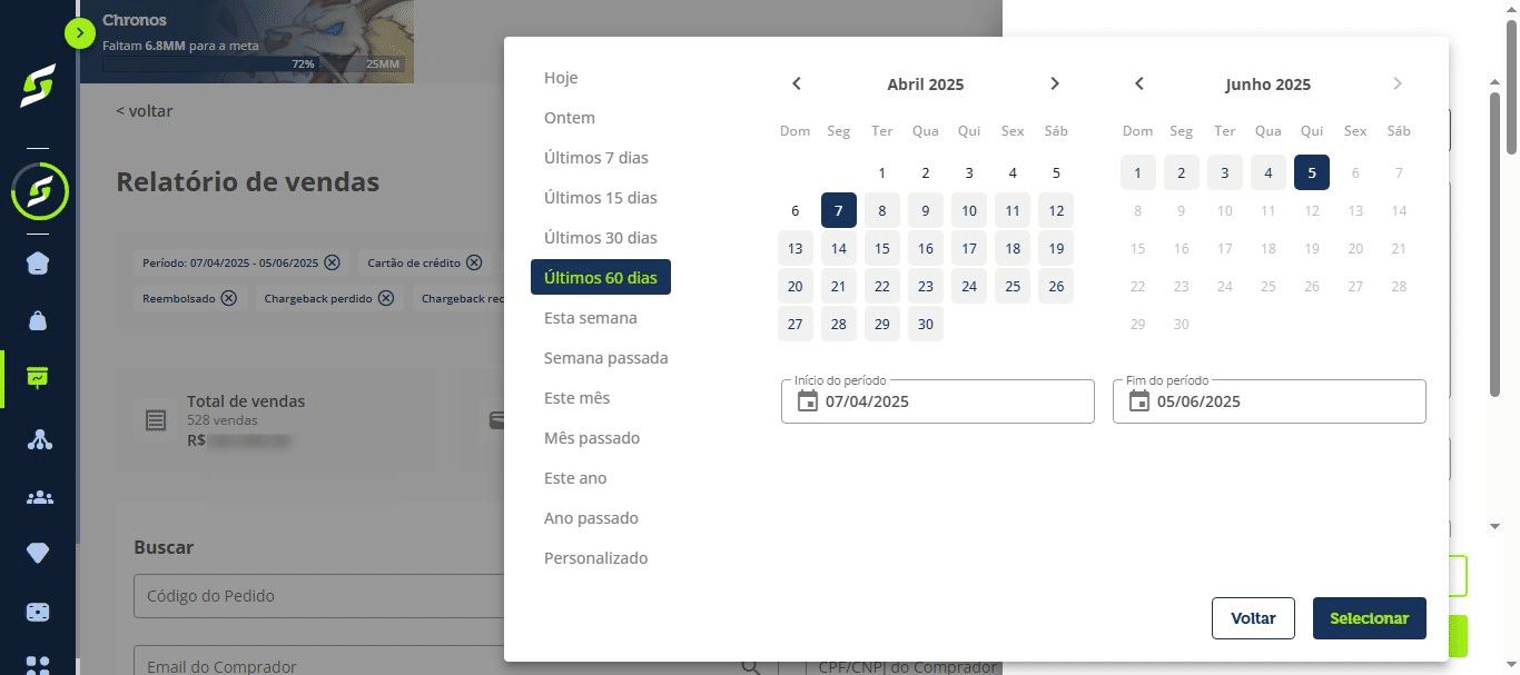 Escolha uma opção no menu lateral ou defina um período de data personalizado e clique em "Selecionar".