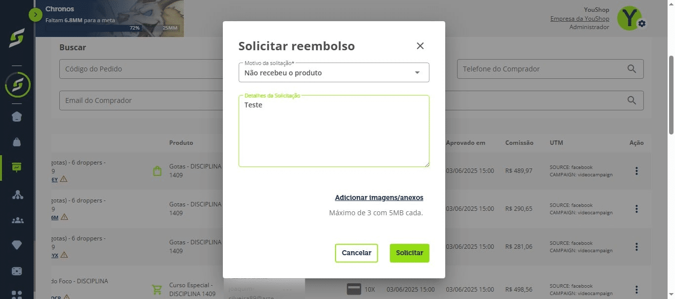 Escolha o motivo, descreva os detalhes e adicione imagens ou anexos, se necessário. Depois clique em "Solicitar".