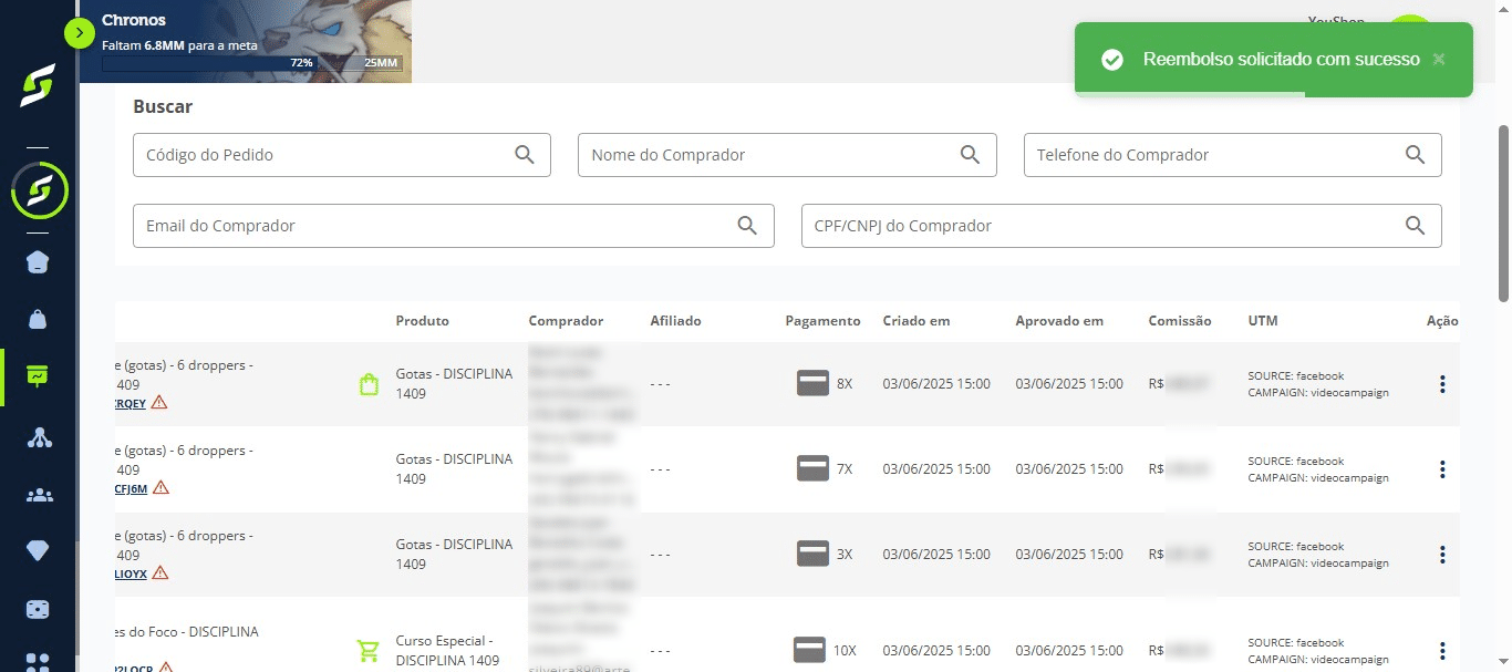 Pronto! Reembolso solicitado com sucesso.