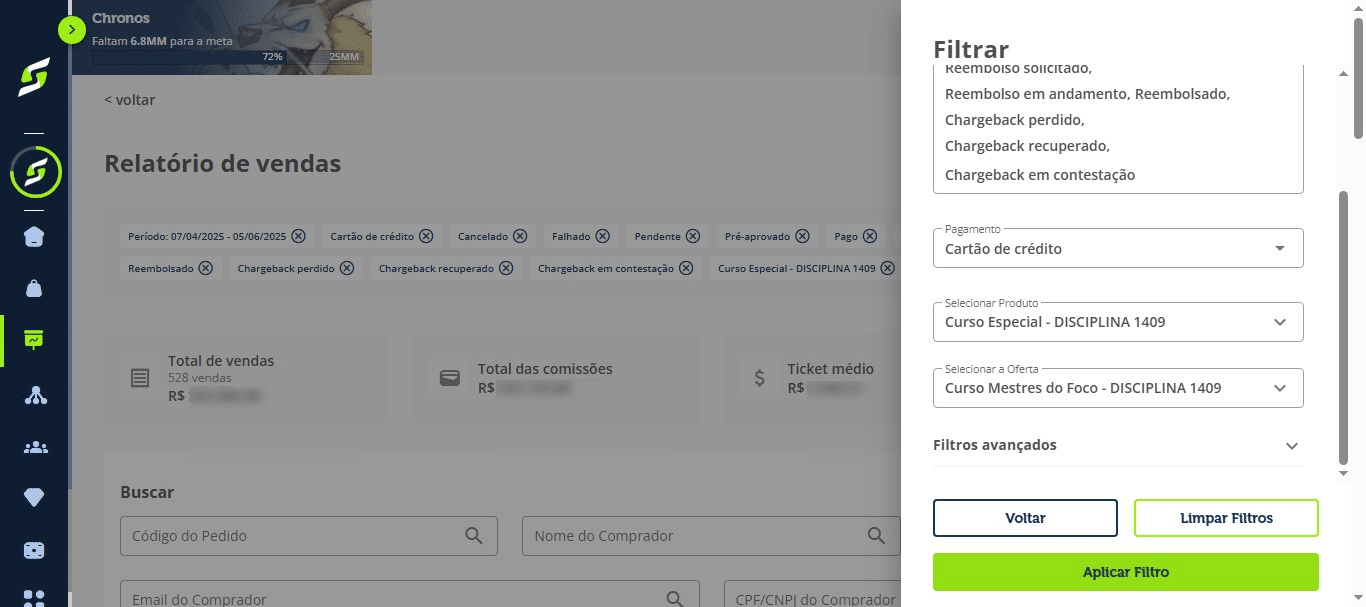 Depois selecione os filtros desejados:
&nbsp;
- Status
- Pagamento
- Produto
- Oferta
&nbsp;

&nbsp;
Em seguida, clique em "Aplicar filtro".