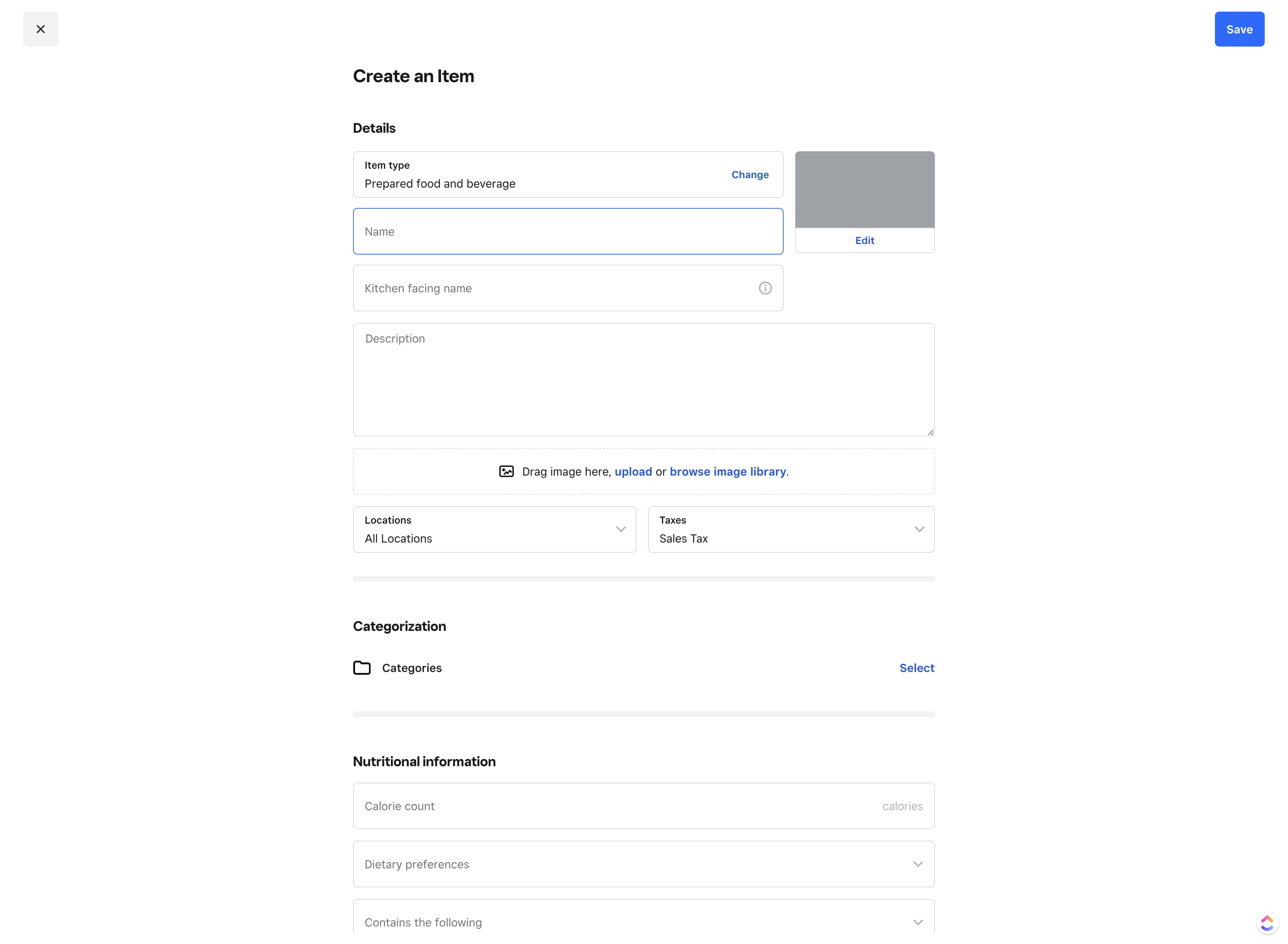 Click on "Name" and enter item name