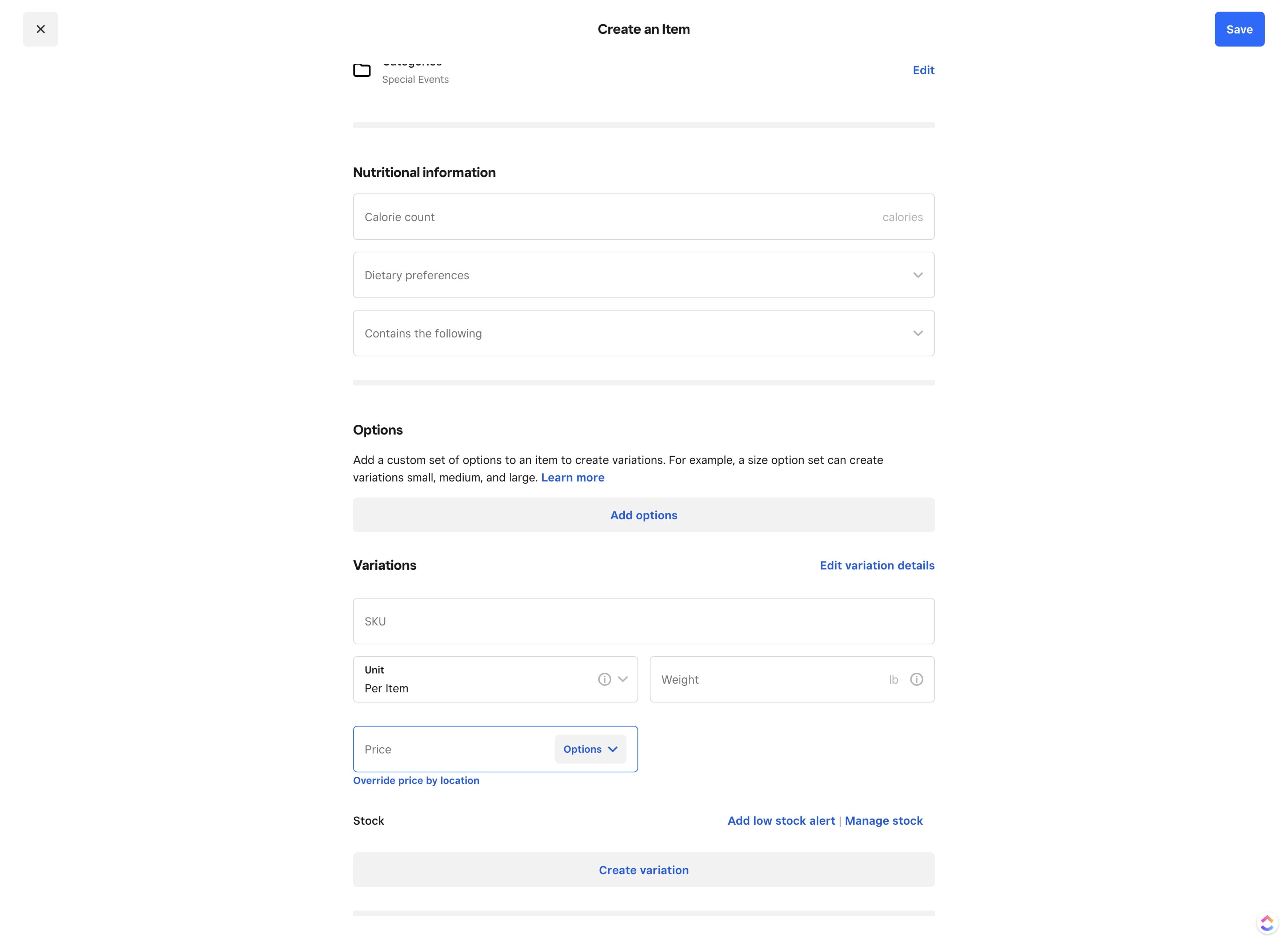 Click on "Price" and enter item price