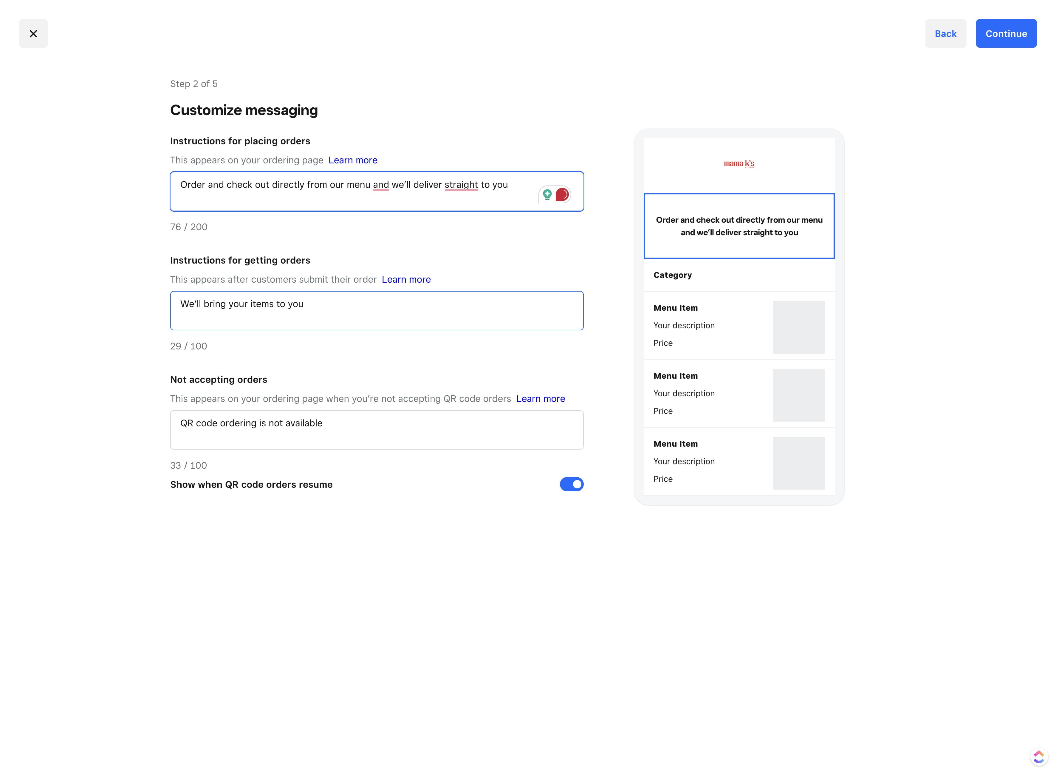 Click here and set message for getting orders