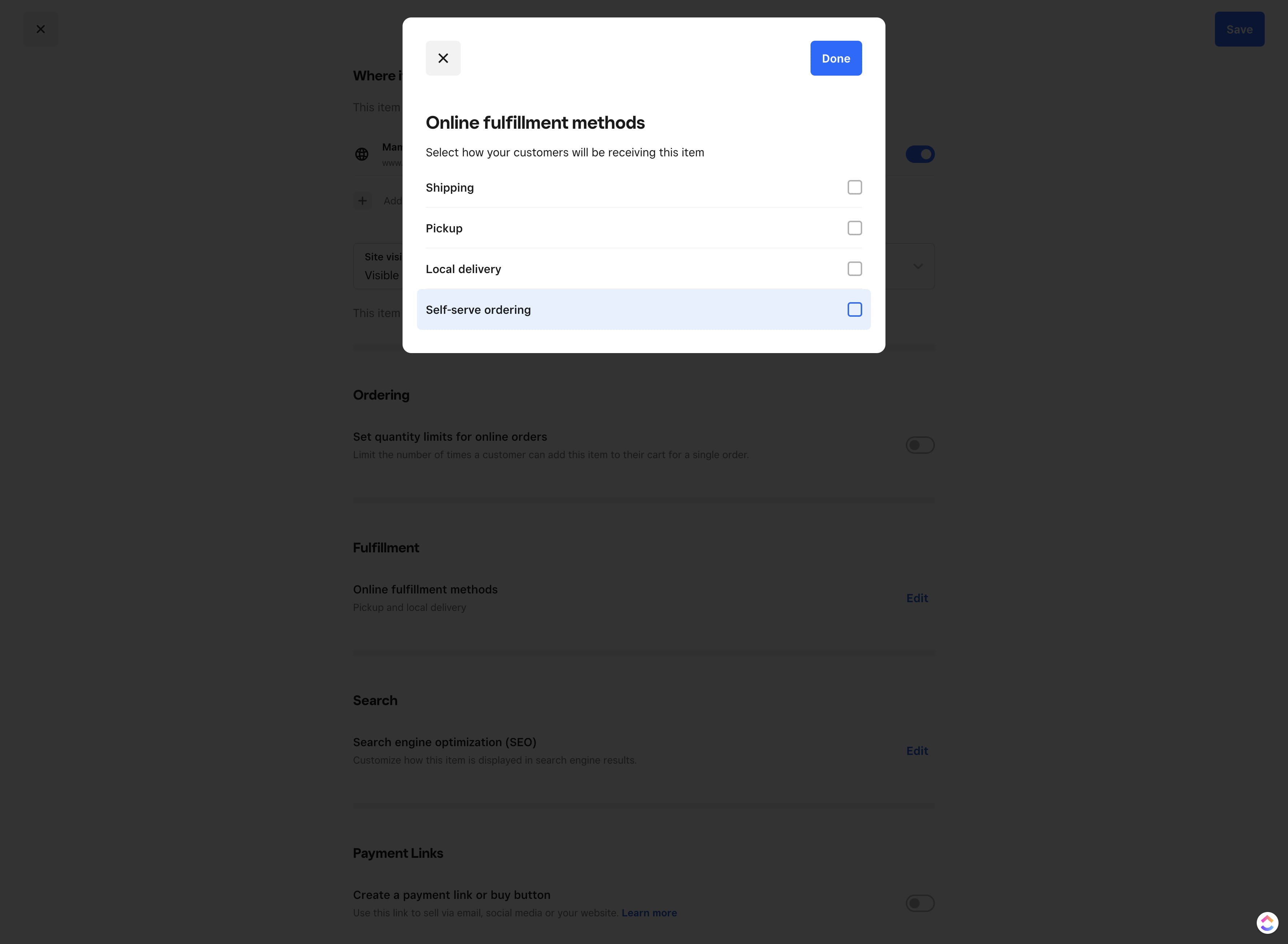 Click on "Self-serve ordering" and turn ON