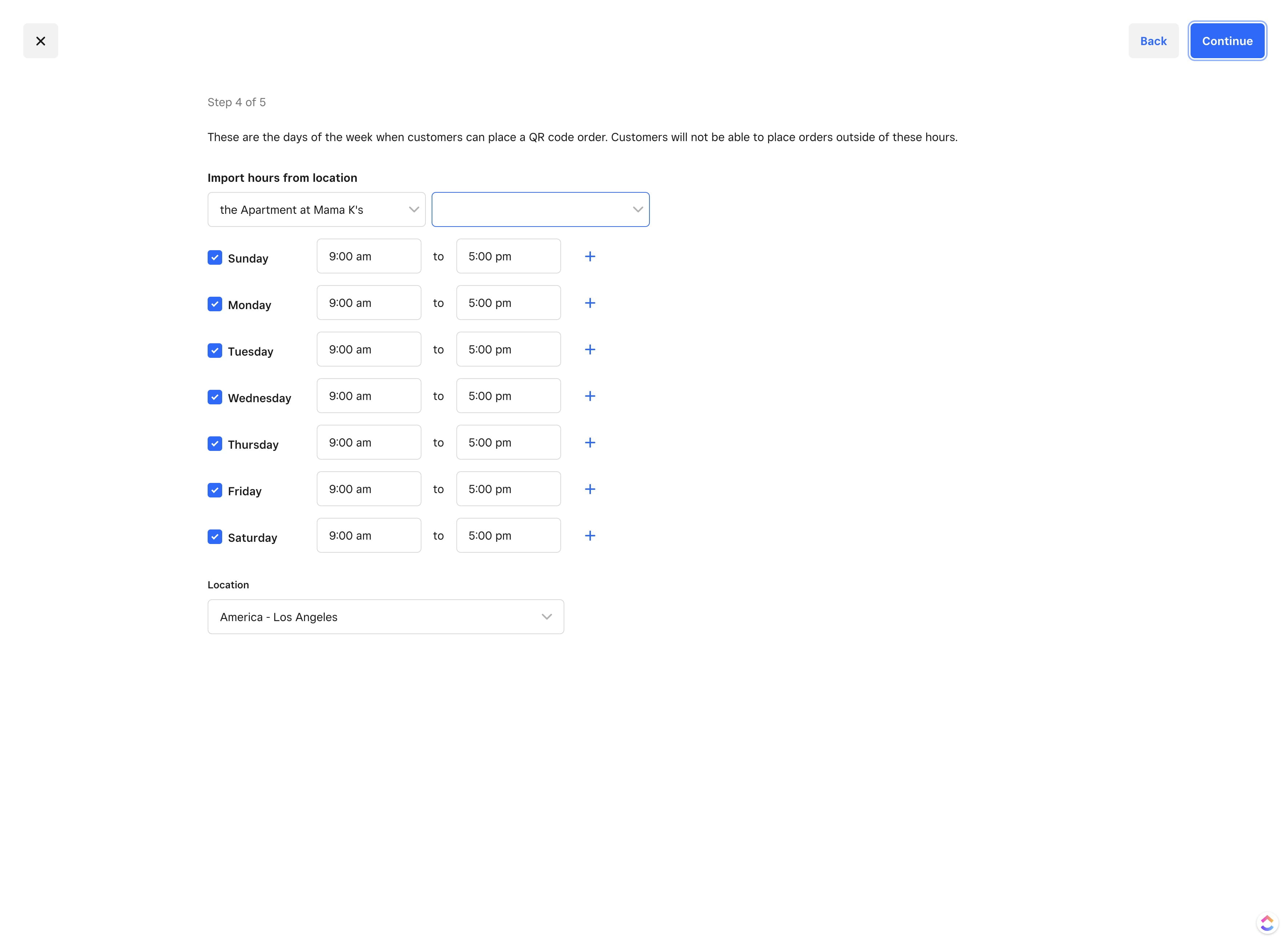 Click here to copy over hours or set new ones.