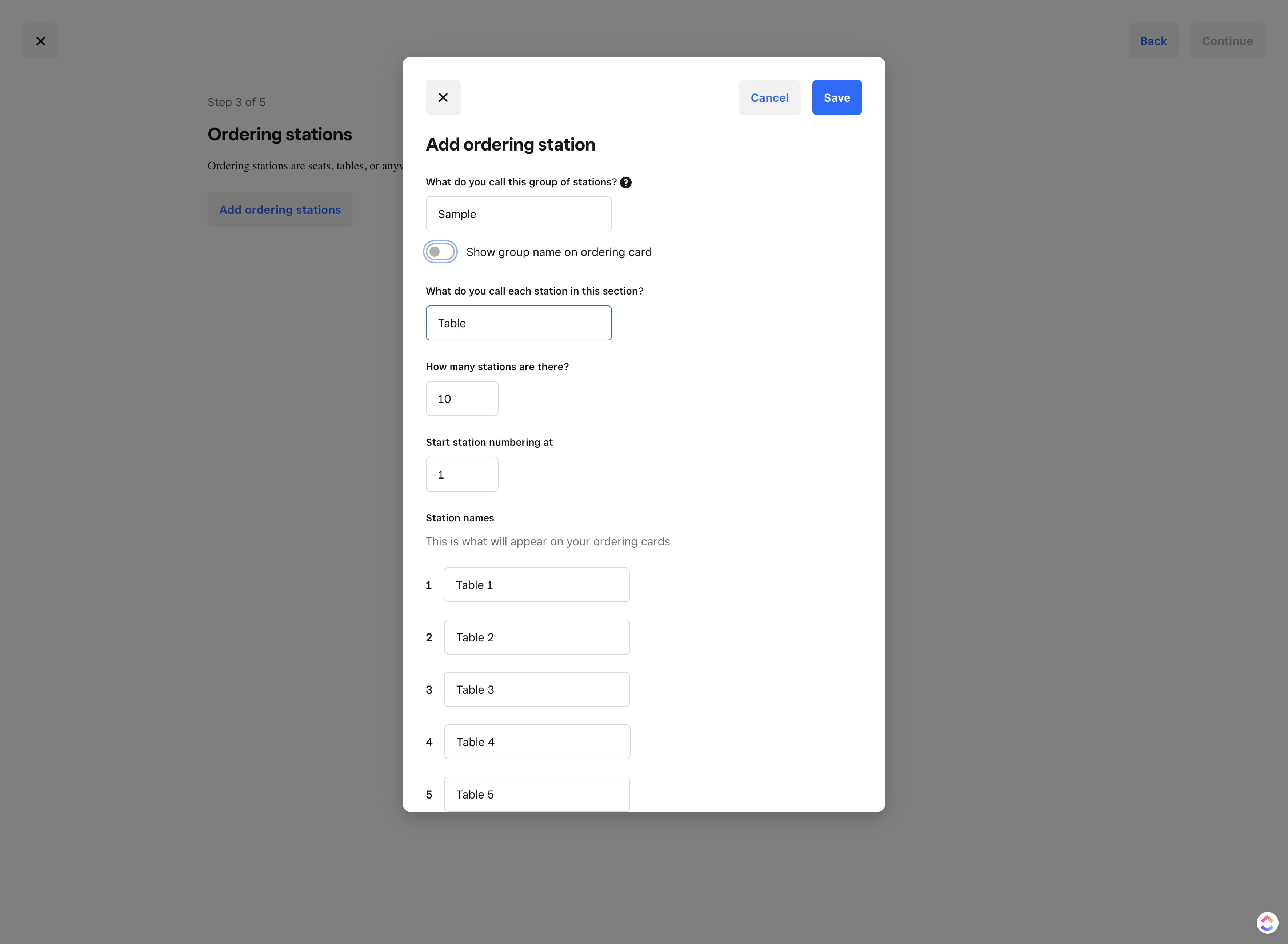 Click here and set table or area names