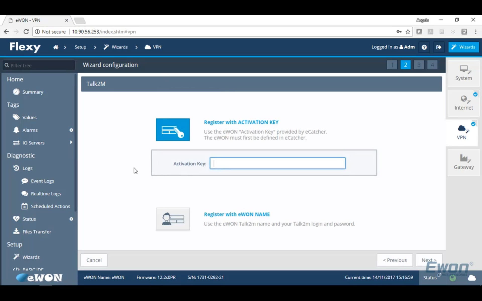 Next, Select **Register with Activation Key** and paste the **Activation Key** from your **Ecatcher**.