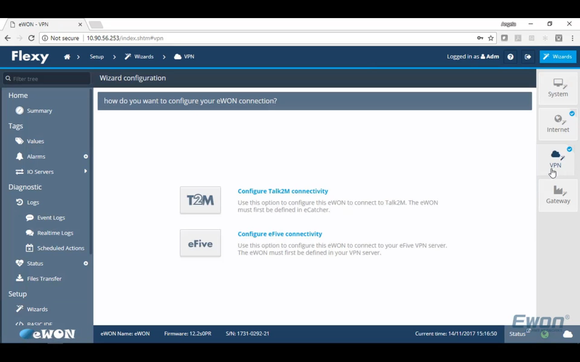 Return to your Flexy's Web interface and continue to the **VPN Wizard** on the right side of the screen. Here you will select **Configure Talk2M Connectivity.**