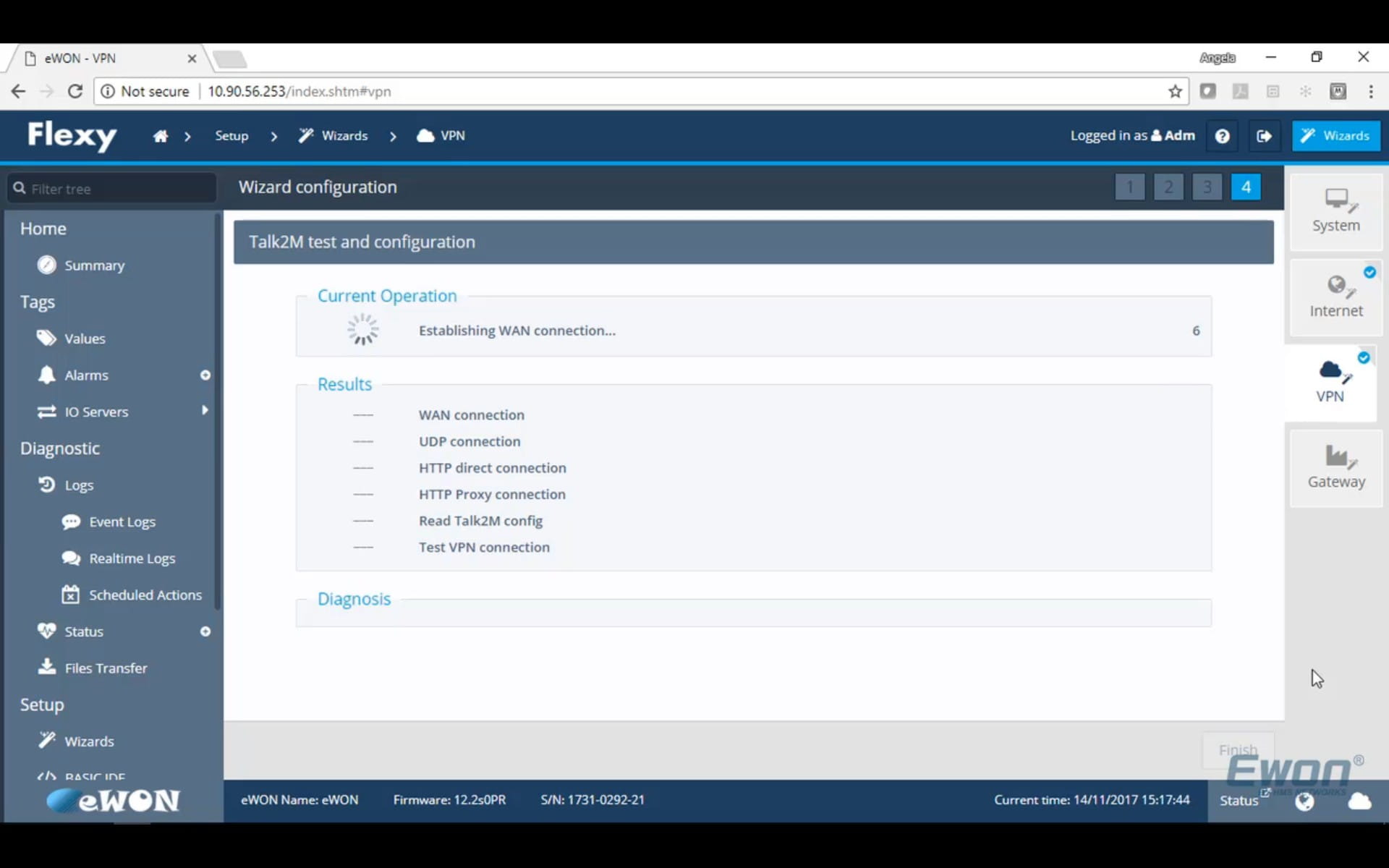 The VPN Wizard will now go through various tests to ensure a connection between the Flexy and Talk2M.